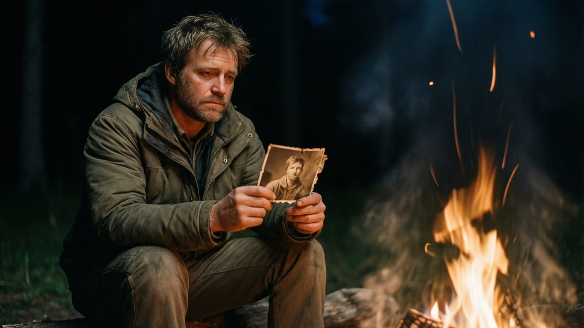 Campfire Memories 壁紙 — 一個穿著深色外套的男人在夜晚坐在熊熊燃燒的營火旁，手持一張褪色的照片，表情嚴肅。