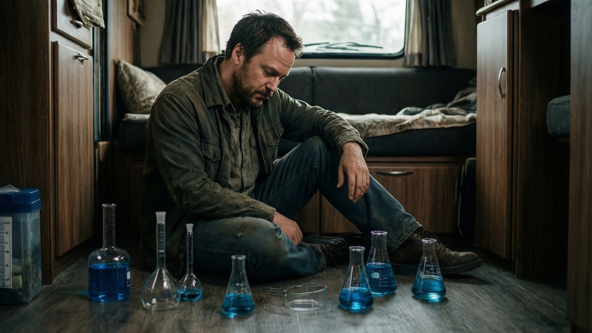 Jesse Pinkman in Distress 壁紙 — 一個男人沮喪地坐在露營車的地板上，周圍是玻璃實驗燒瓶中的藍色液體。