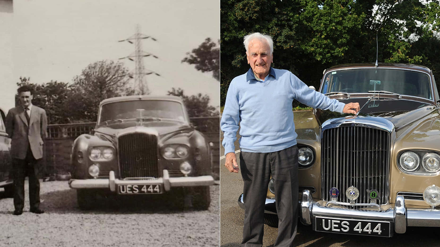 Bentley S3 桌布 壁紙 — 一名男子站在經典賓利旁邊的兩張照片：一張黑白青年肖像和一張彩色老年肖像。