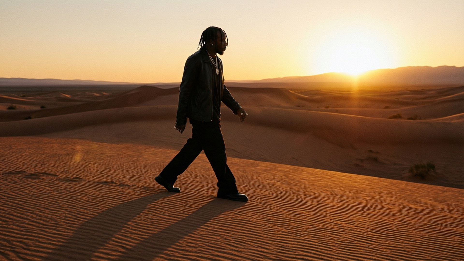 Desert Solitude 壁紙 — 一個男人獨自走過金色沙漠沙丘，太陽在遠山後落下，投下長長的影子。