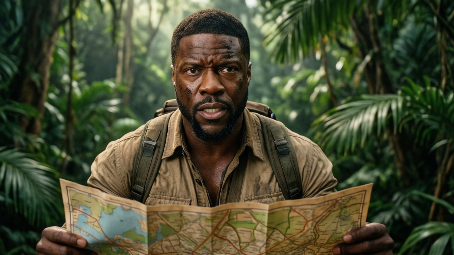Jumanji Adventurer 壁紙 — 一個背著背包的男人在茂密的綠色叢林中，被高大的樹木和蕨類植物包圍，專注地盯著地圖。