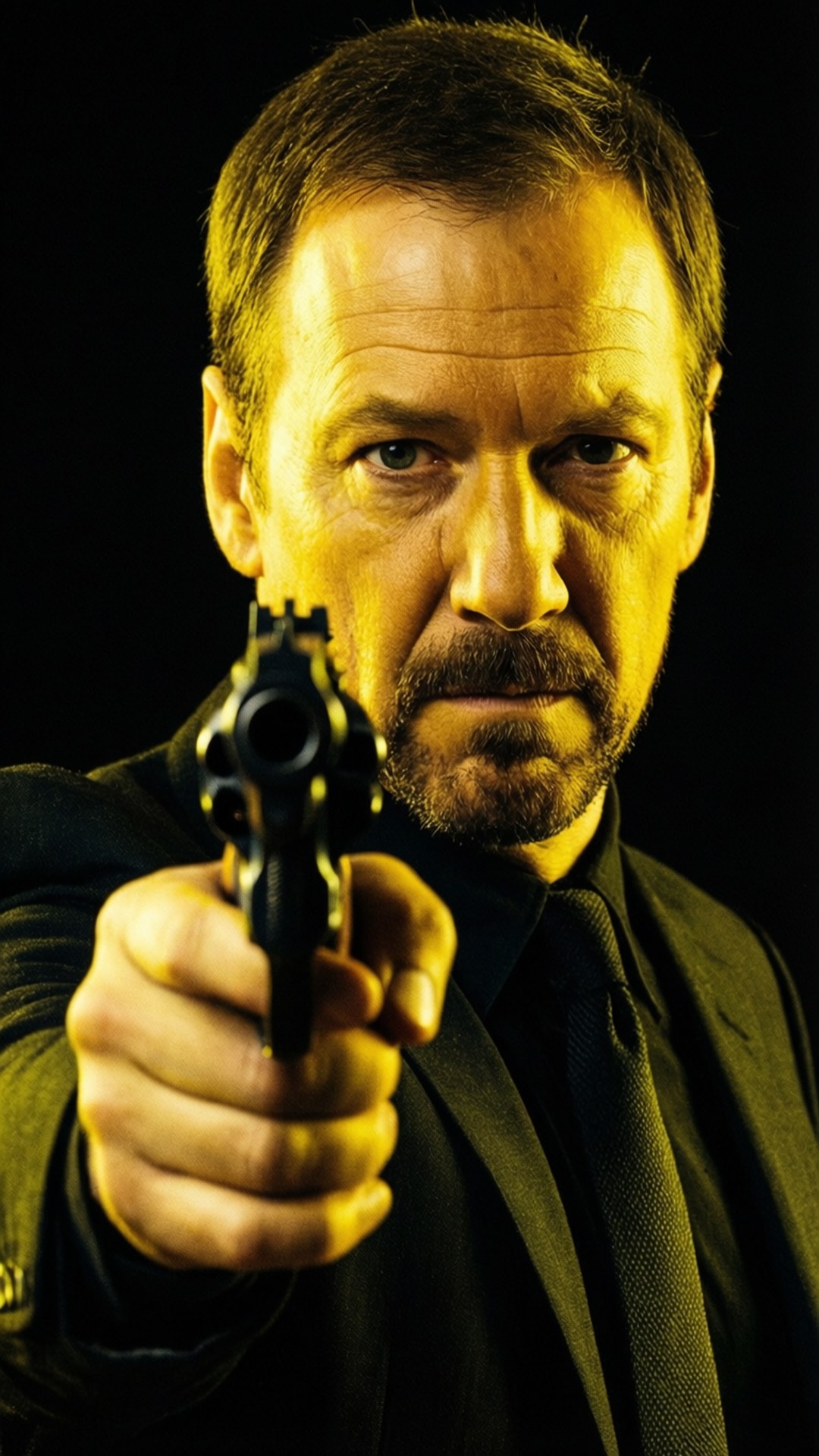 Heisenberg's Gun 壁紙 — 一個留鬍鬚的男人，眼神銳利，在黑暗背景下直接將黑色左輪手槍瞄準觀眾。
