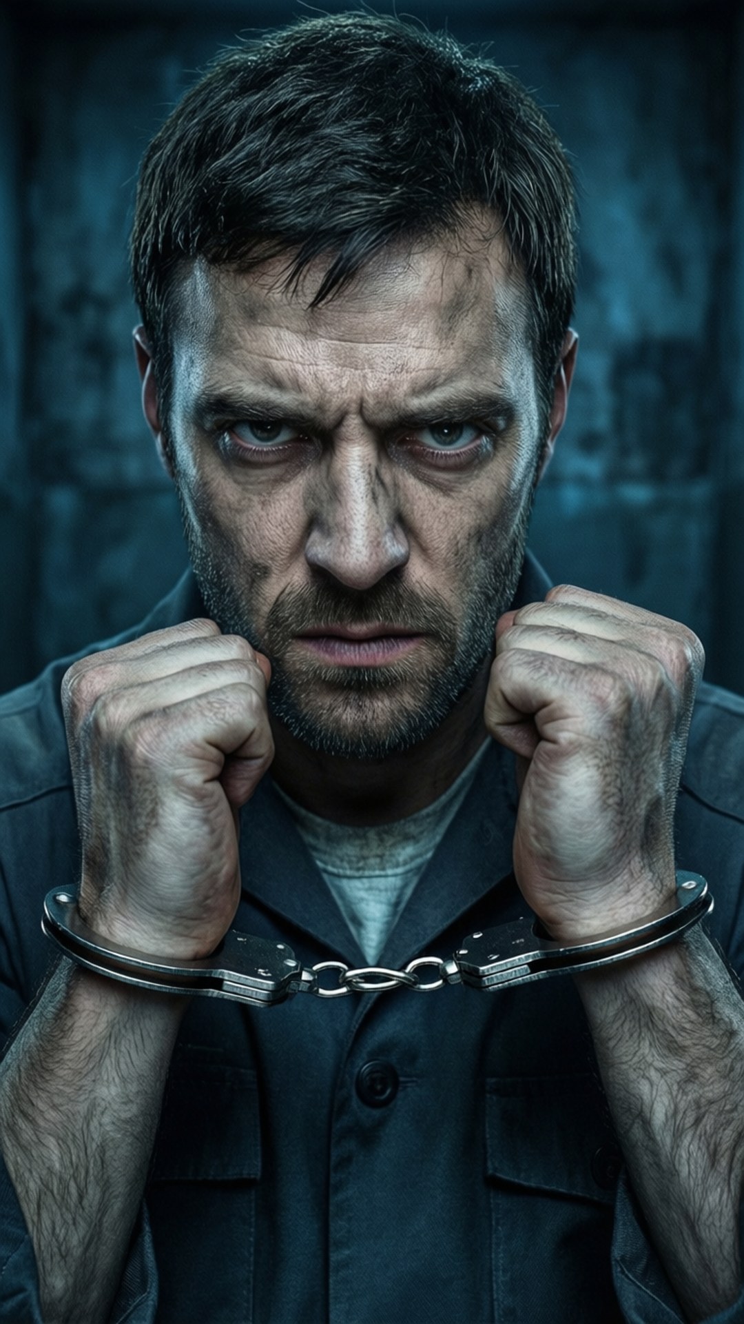 Defiance Behind Bars 壁紙 — 一個留鬍鬚的男人，眼神銳利，握緊拳頭，戴著金屬手銬，靠著深藍色紋理牆壁向前凝視。