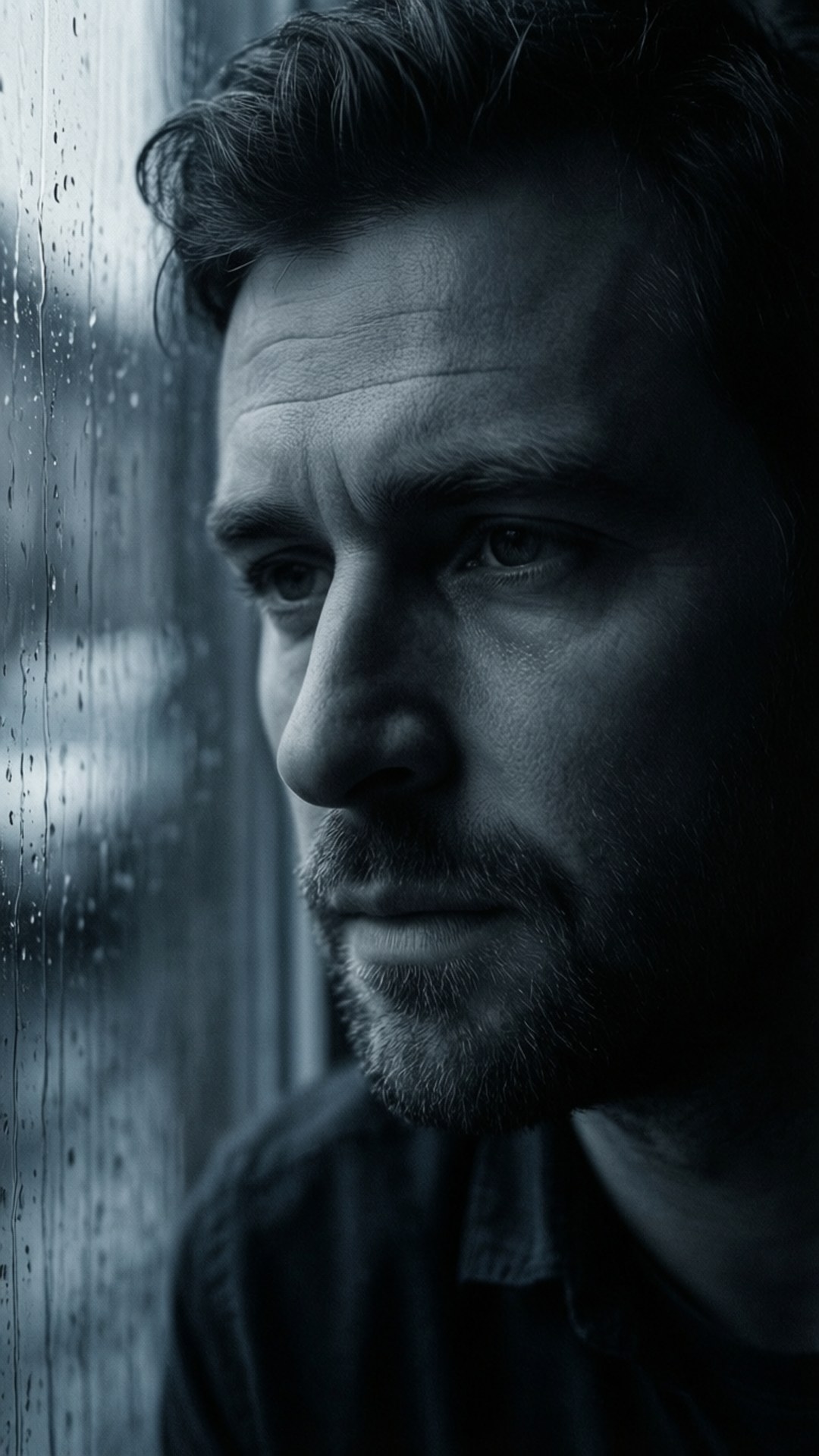 Melancholic Tom Portrait 壁紙 — 一個留鬍子的男人透過雨水斑駁的窗戶沉思地凝視，一幅憂鬱的黑白肖像。