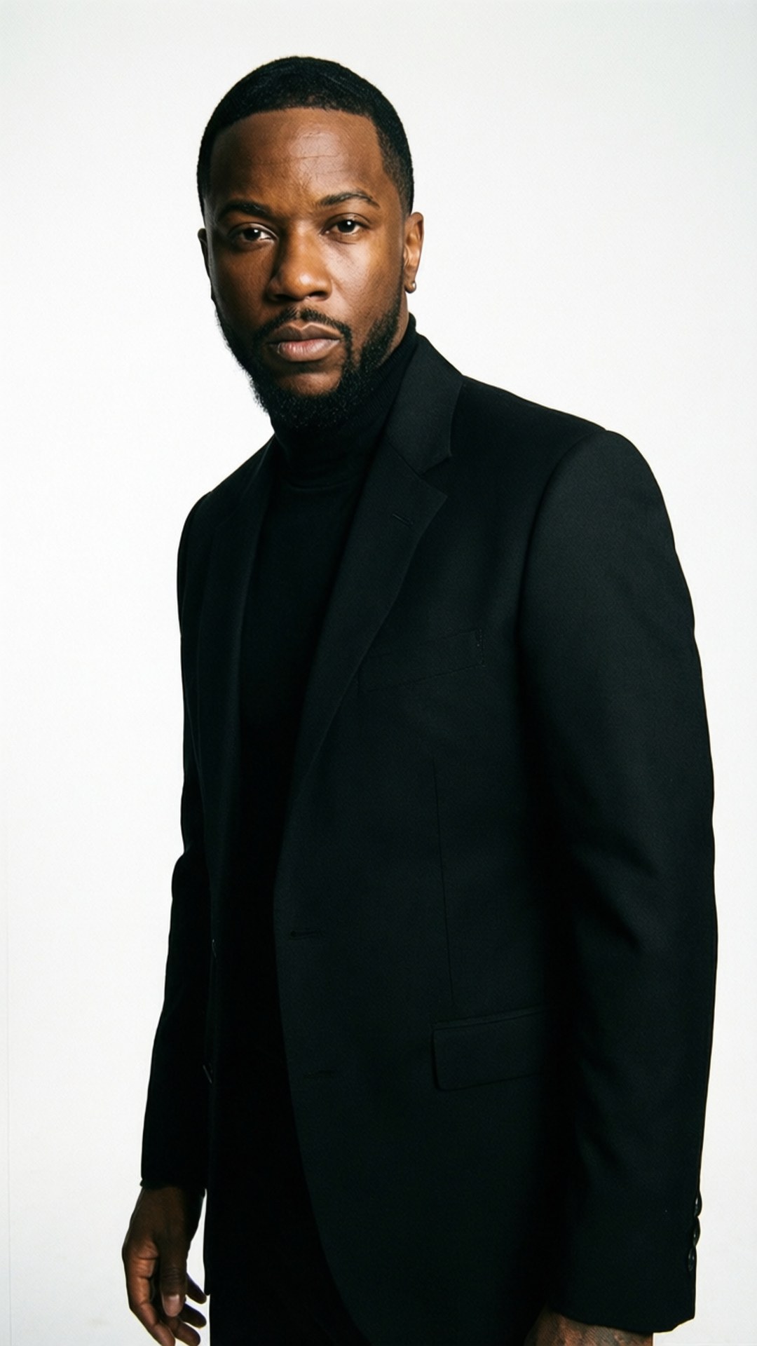 Lloyd Banks 桌布 壁紙 — 一位留鬍鬚的男子穿著黑色高領毛衣和西裝外套，背景是純白色。