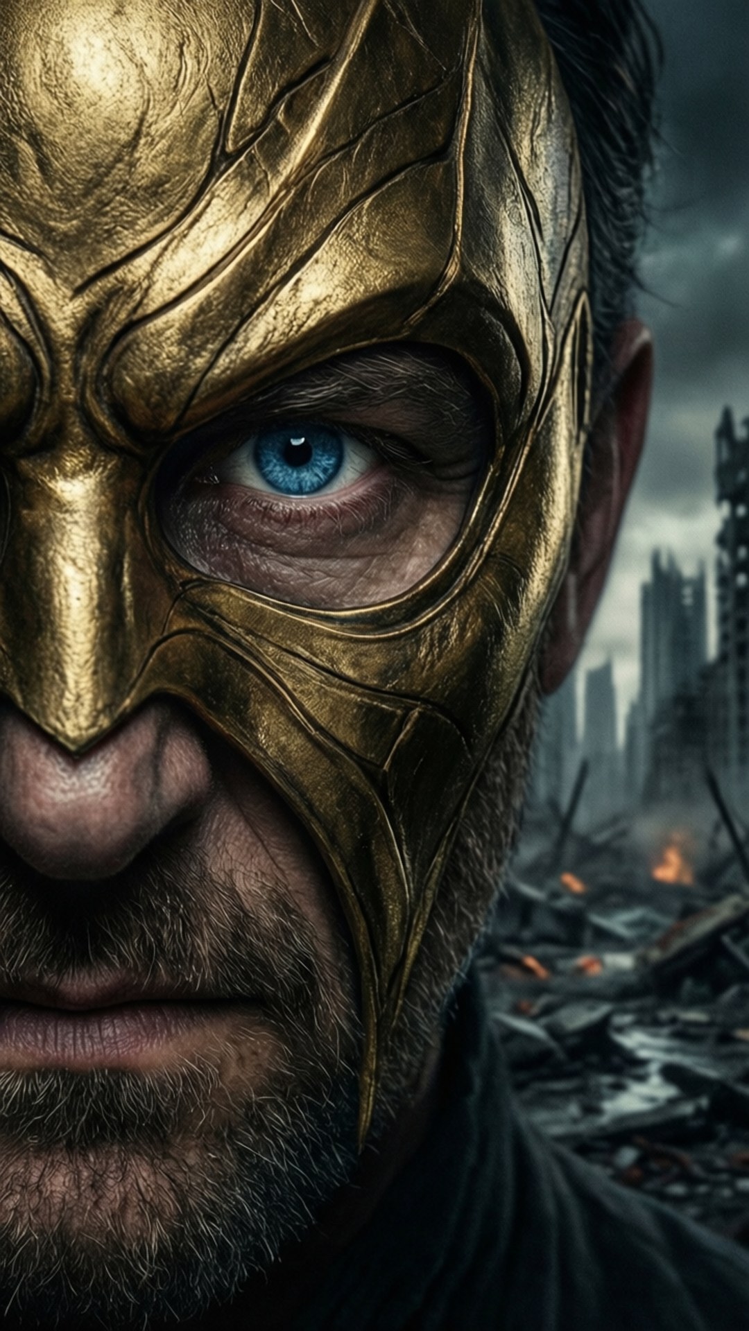 Higgs Golden Mask Portrait 壁紙 — 一個戴著金色裝甲面具、擁有銳利藍色眼睛的男人，在廢墟般的摩天大樓和冒煙的瓦礫背景下凝視著。