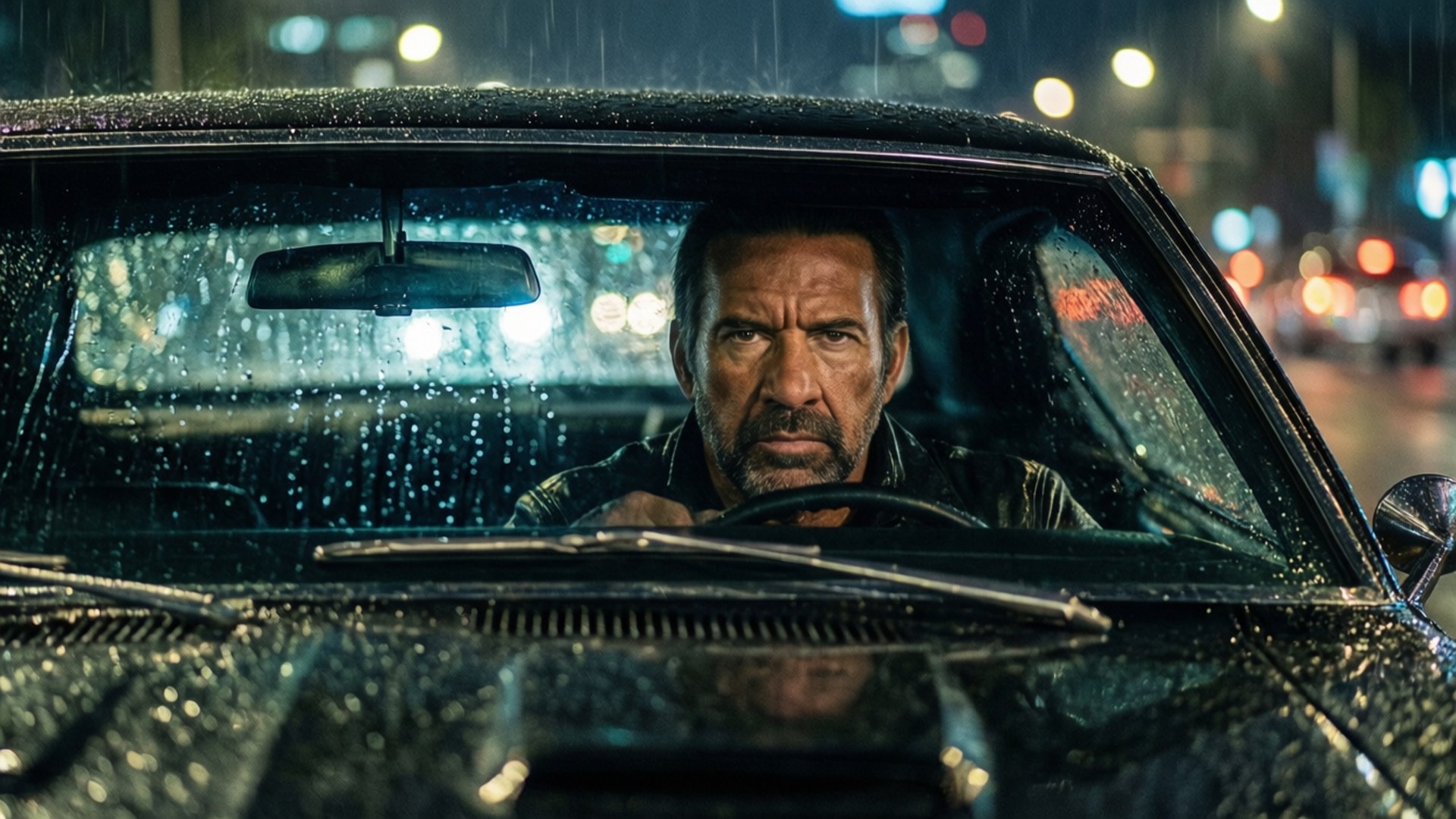 Getaway Driver 壁紙 — 一個表情嚴肅的男人駕駛著一輛濺滿雨水的汽車，穿過霓虹燈閃爍的夜晚城市。