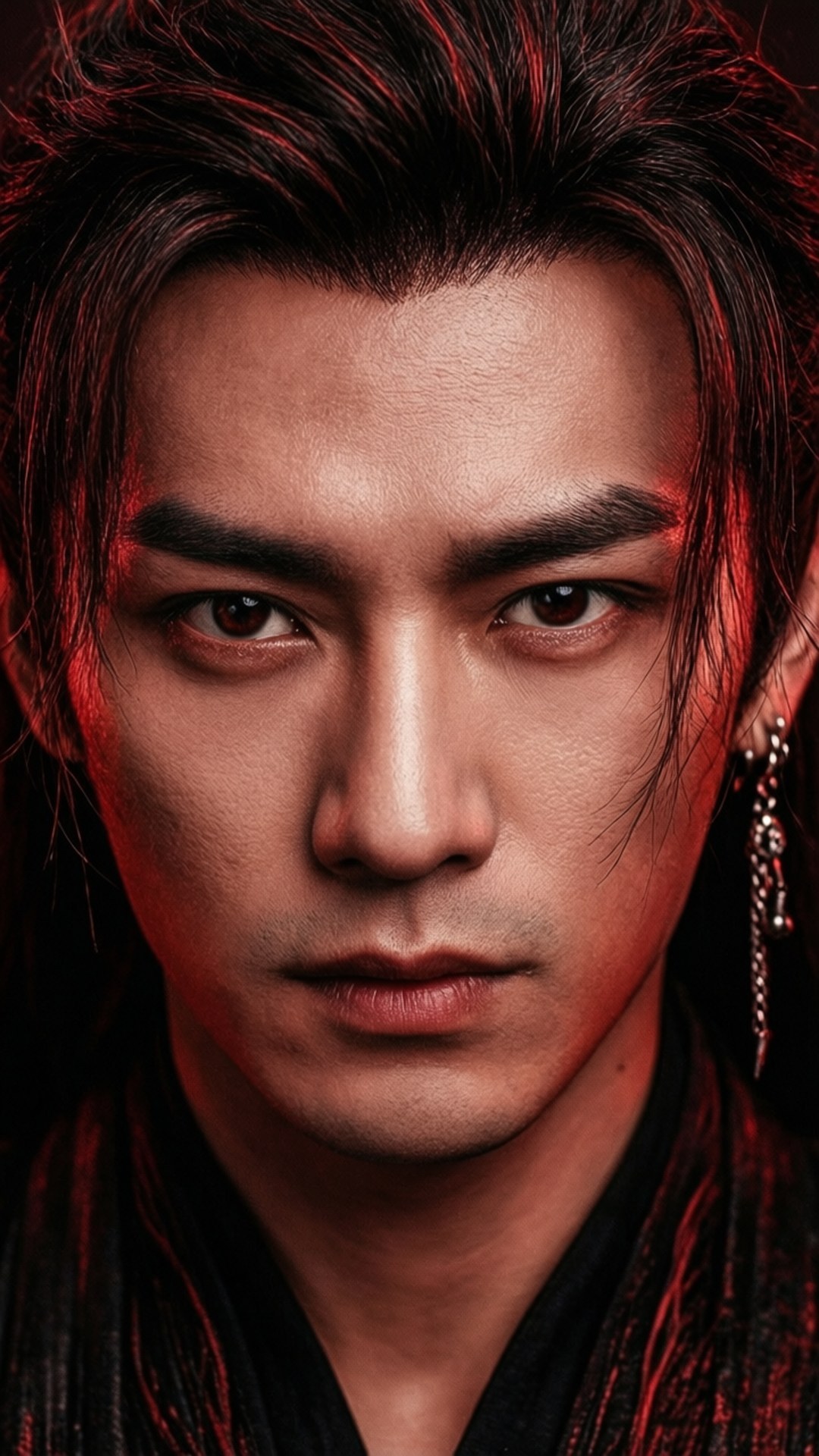 Intense Portrait 壁紙 — 一個黑髮、眼神銳利的男人，在戲劇性的紅光下，戴著華麗的耳環和深色衣服，直視前方。