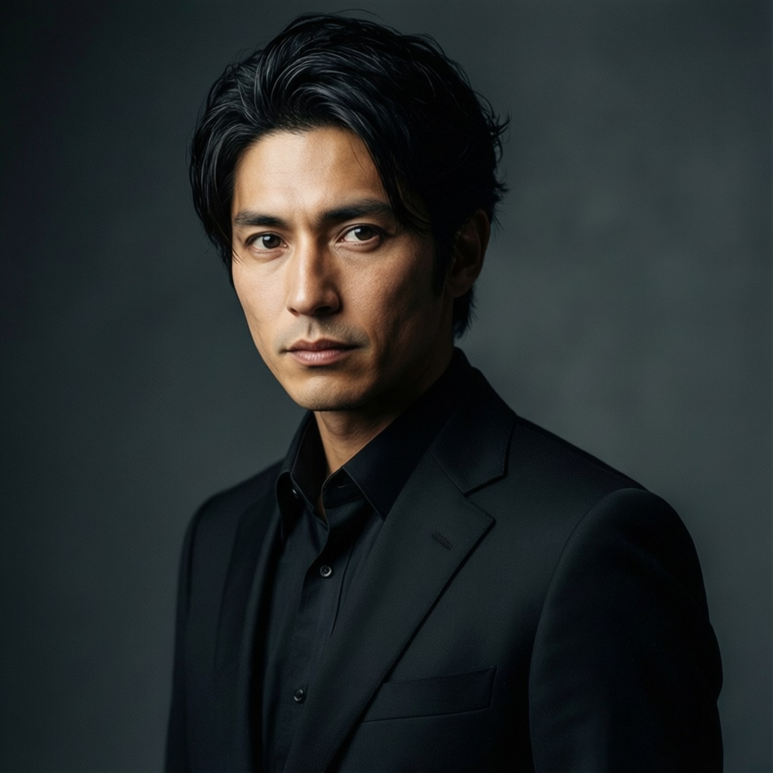Elegant Formal 壁紙 — 一個深色頭髮、眼神銳利的男人，穿著黑色西裝，背景是柔和的灰色。
