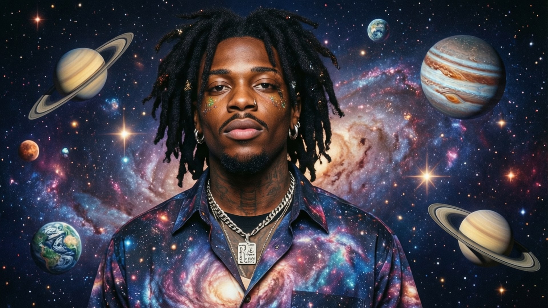 Galactic Trippie 壁紙 — 一個留著辮子、臉上塗著閃亮顏料的男人自信地站在宇宙背景前，背景中有土星、木星、地球和鮮豔的星雲。