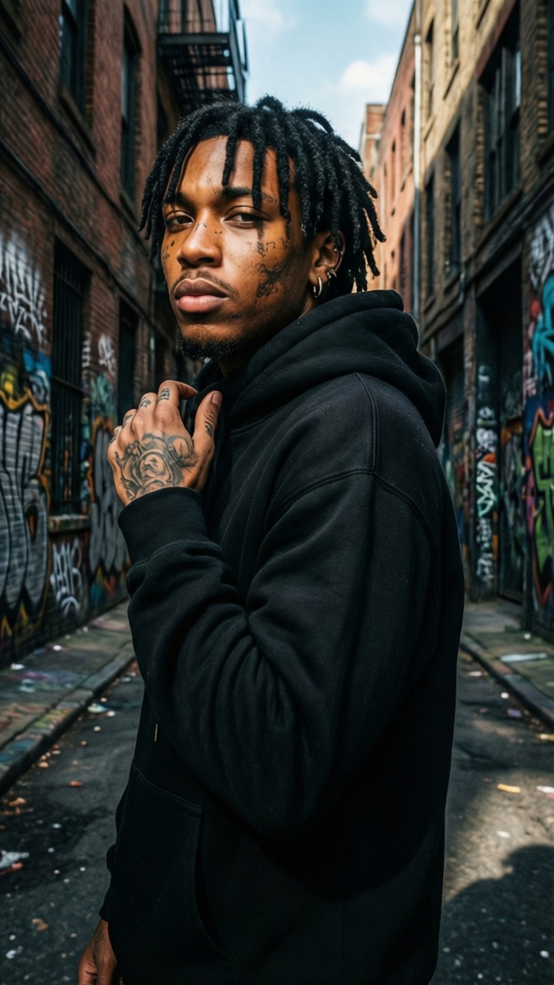 Alleyway Edge 壁紙 — 一個有辮子頭和刺青的男人，穿著黑色連帽衫，站在一個塗鴉覆蓋的小巷裡。