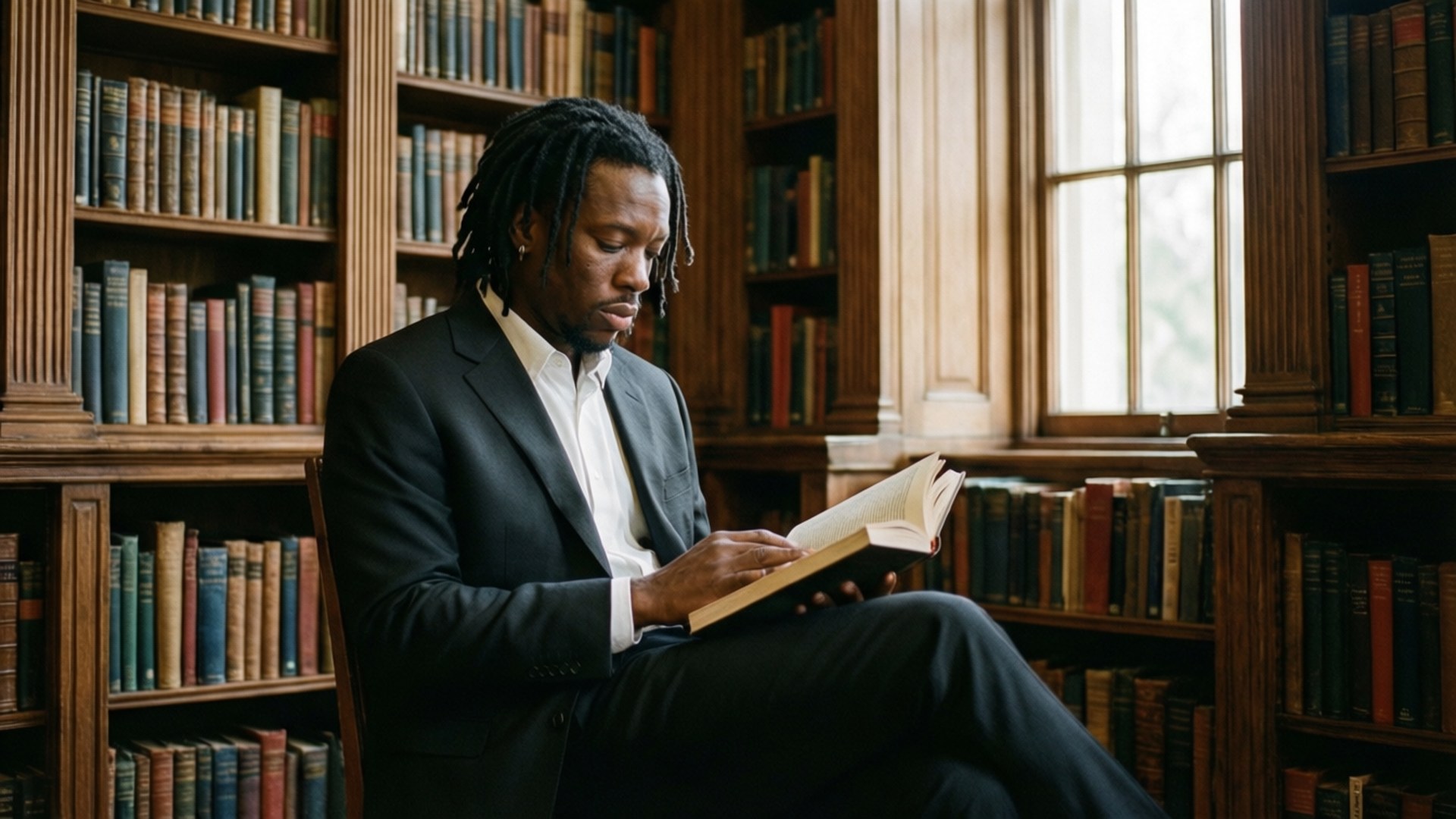 Library Scholar 壁紙 — 一個留著辮子、身穿黑色西裝的男人在陽光充足的圖書館裡看書，周圍是高高的木書架。