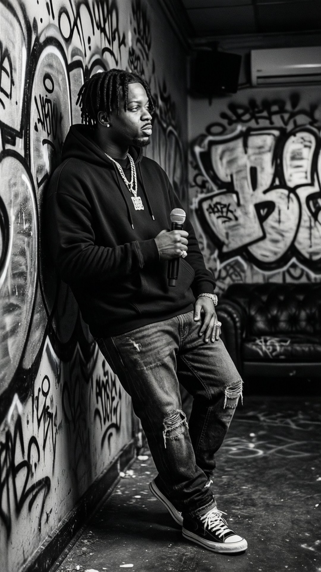Graffiti Grit 壁紙 — 一名留著辮子頭的男人靠在塗鴉牆上，在單色城市環境中握著麥克風。