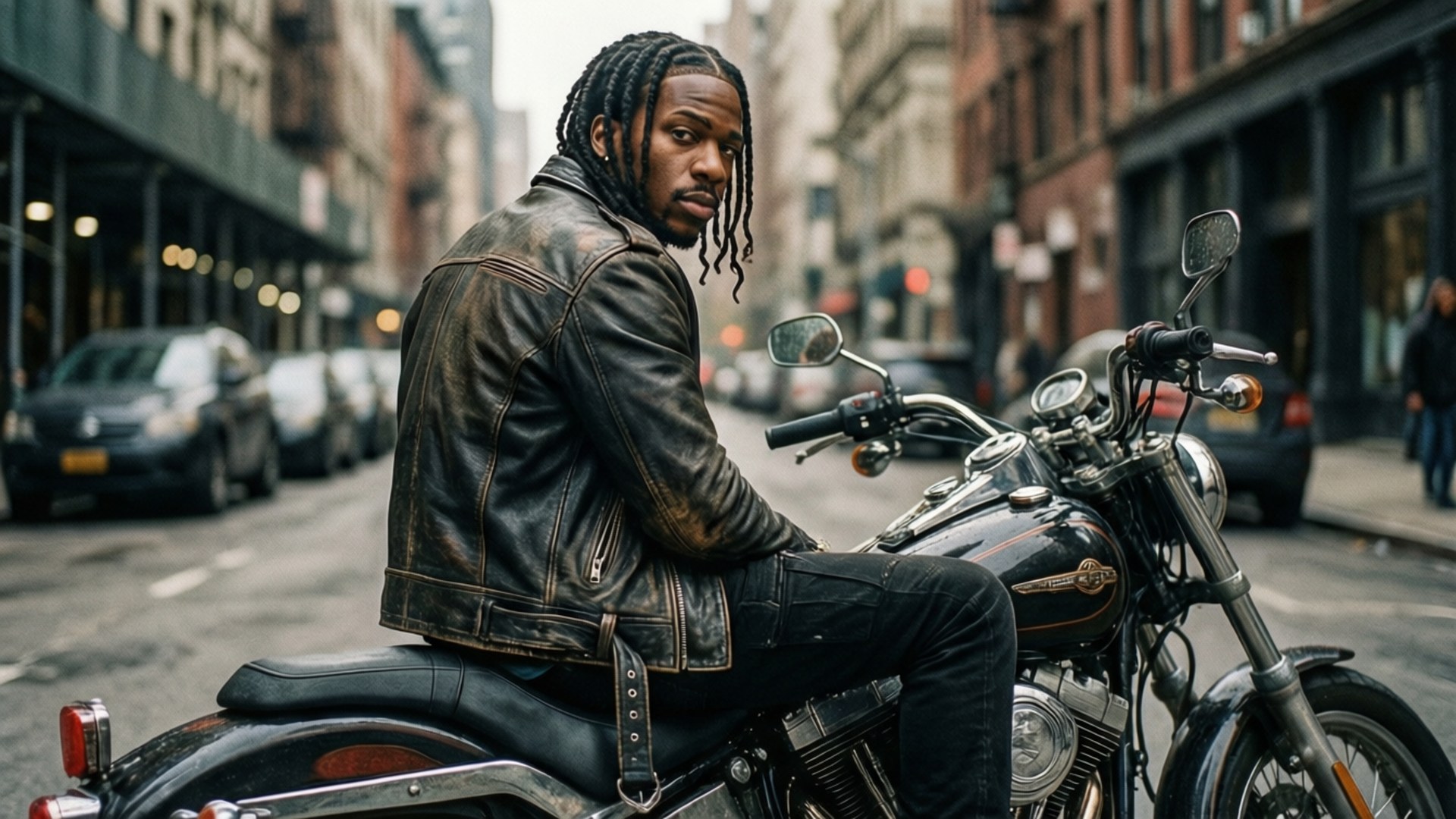 Motorcycle Rebel 壁紙 — 一名留著辮子頭的男人坐在一輛停在城市街道上的黑色摩托車上，背景是磚砌建築和汽車。