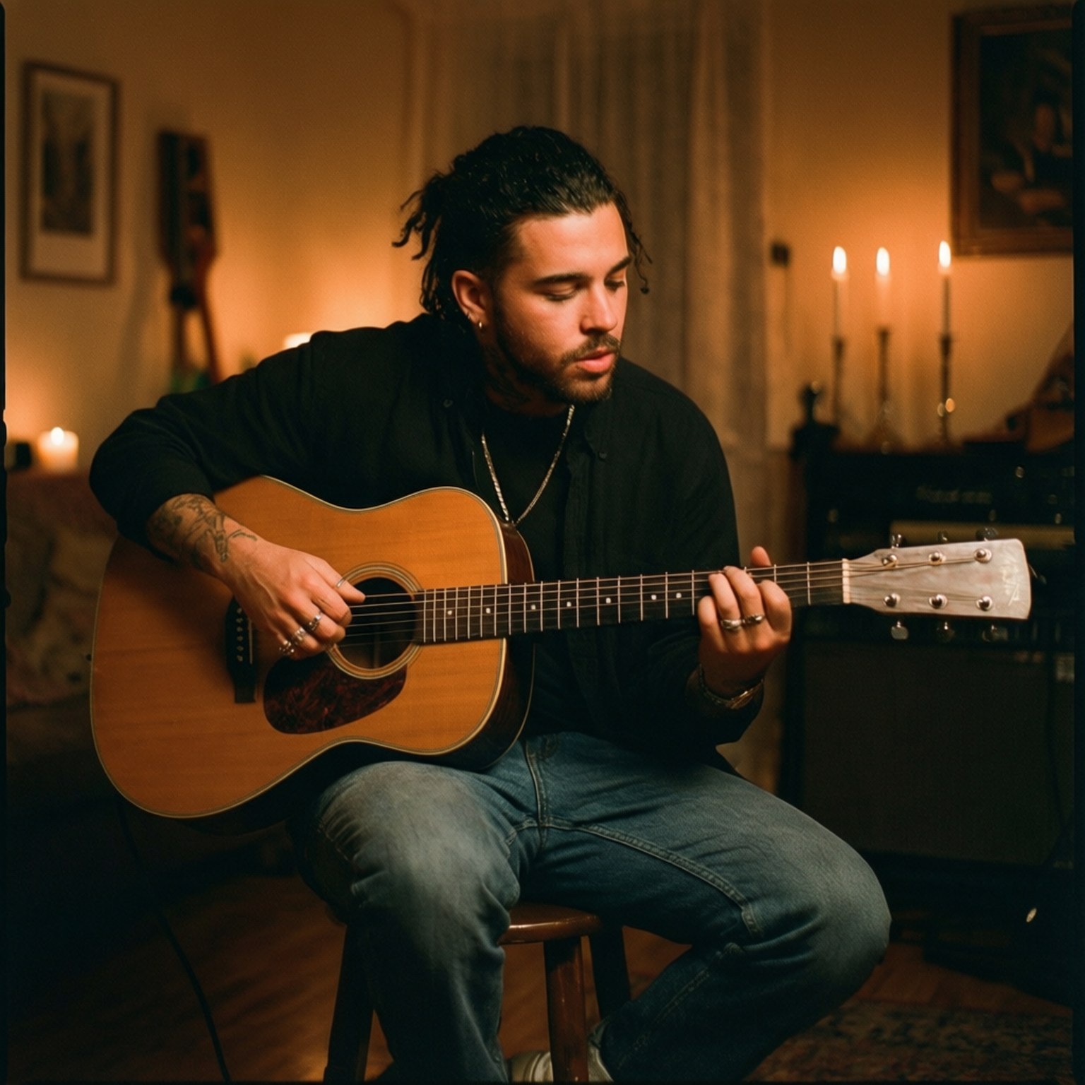 Acoustic Guitar Session 壁紙 — 一個留著辮子頭的男人坐在凳子上，在一個溫暖的房間裡彈奏木吉他，房間裡有蠟燭和裱框藝術品。