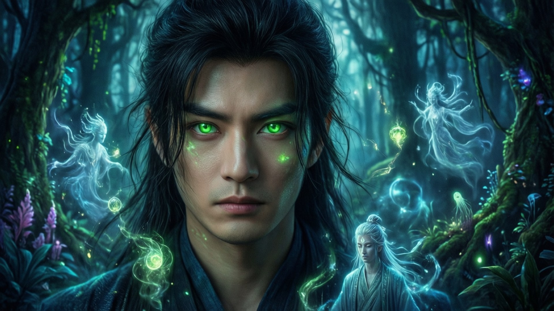 Spirit Forest 壁紙 — 一個擁有發光綠色眼睛的男人站在神秘的森林中，空靈的精靈和發光的球體在他周圍旋轉。