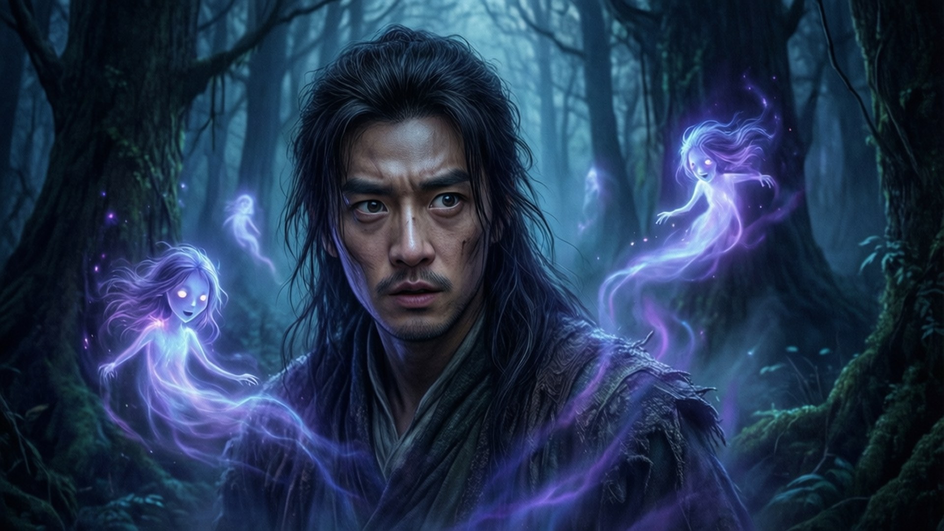 Will-o'-Wisp Forest 壁紙 — 一個長黑髮的男人站在霧氣瀰漫的森林中，發光的紫色幽靈在他周圍飄浮。