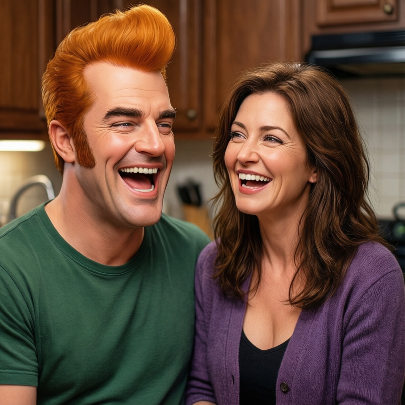 Johnny Bravo and Mama 壁紙 — 一個擁有亮橙色蓬巴杜髮型的男人和一個棕色頭髮的女人在木製廚房裡開懷大笑。