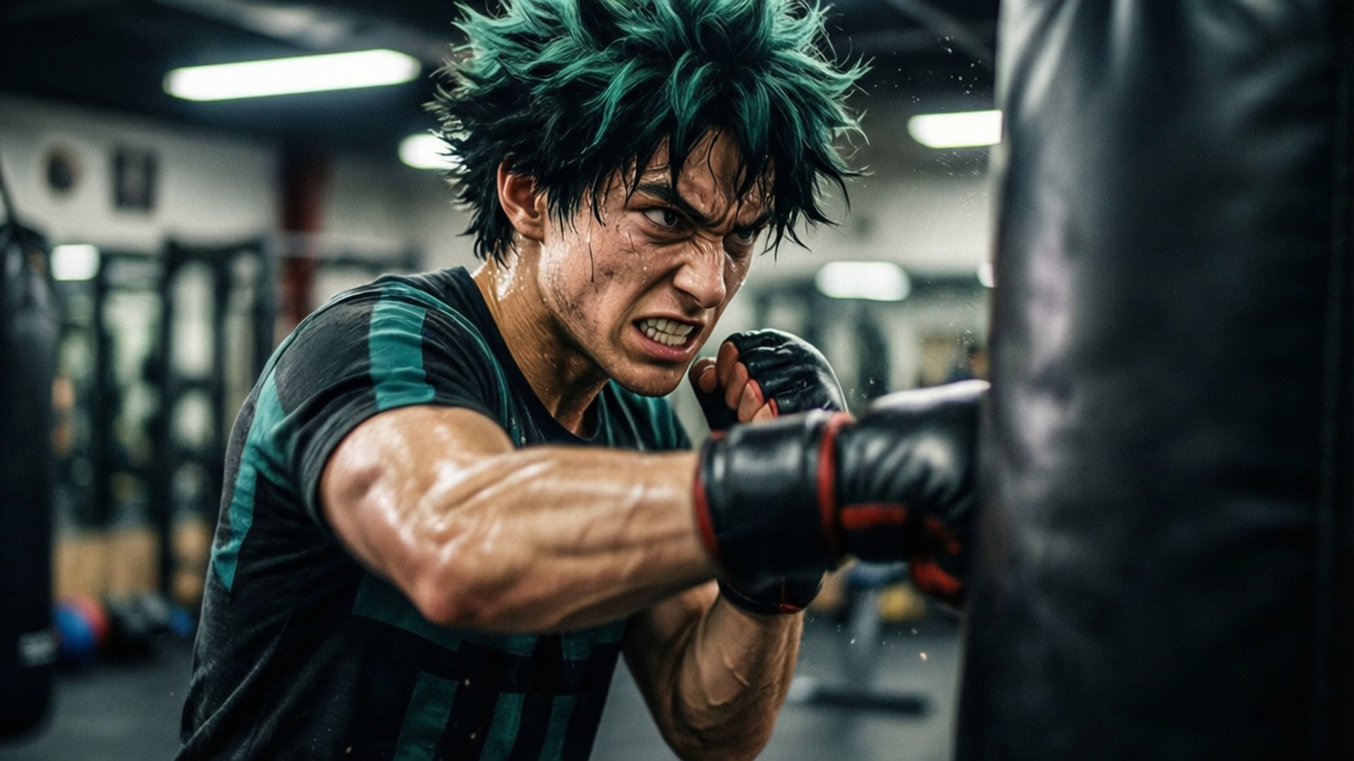 Bakugou Training Hard 壁紙 — 一個擁有尖刺綠色頭髮的男人在健身房中全力擊打重型沙包，汗水飛濺，專注力極強。