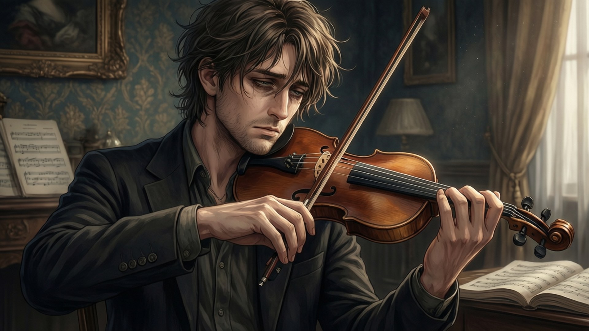 Moriarty's Melody 壁紙 — 一個棕色亂髮的男人在一個光線昏暗、有藍色壁紙和打開樂譜的房間裡拉小提琴。