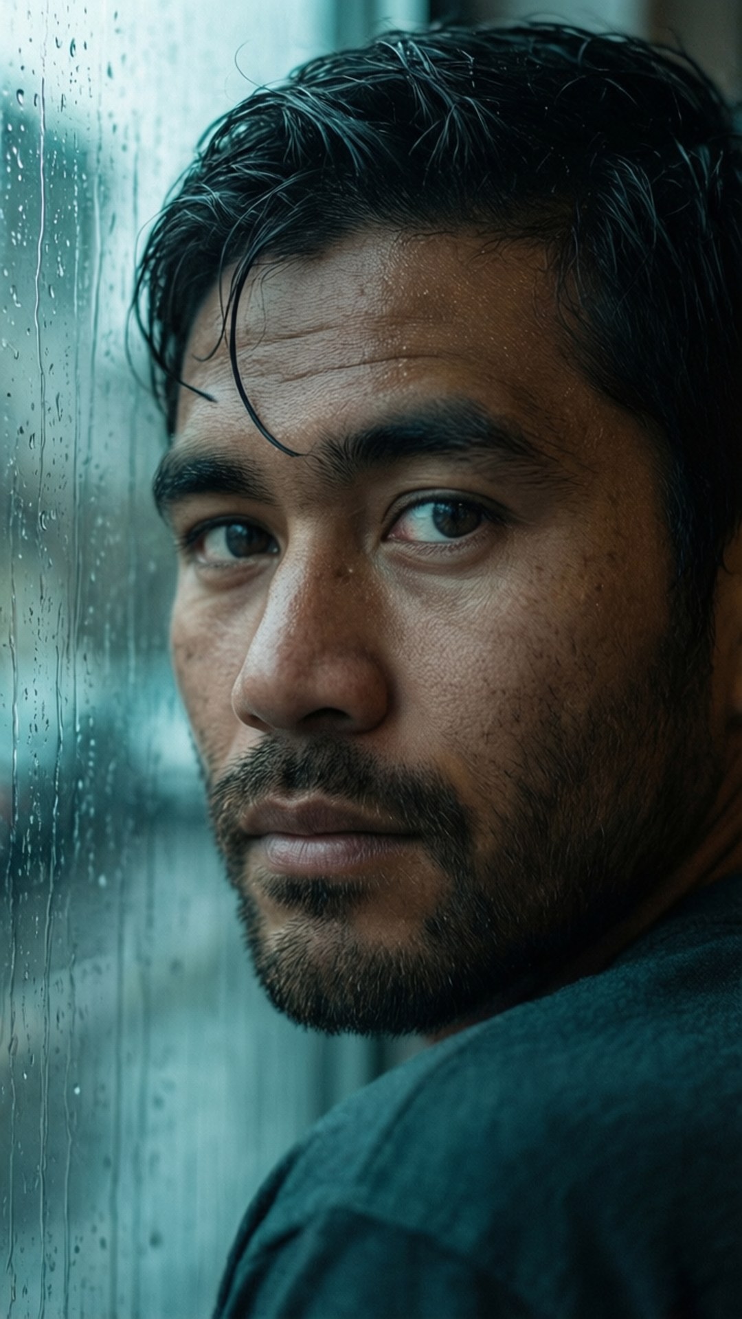 Rain Window Portrait 壁紙 — 一個擁有濕透黑髮和鬍鬚的男人，透過雨水斑駁的窗戶，以冷藍色調專注地凝視。