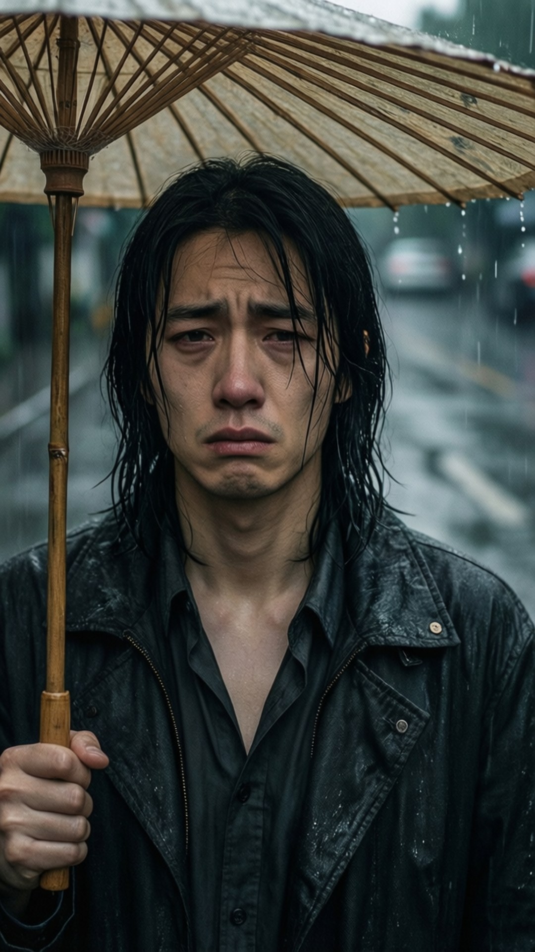 Rainy Melancholy 壁紙 — 一個頭髮濕透的男人拿著竹傘，身後的城市街道正下著雨。