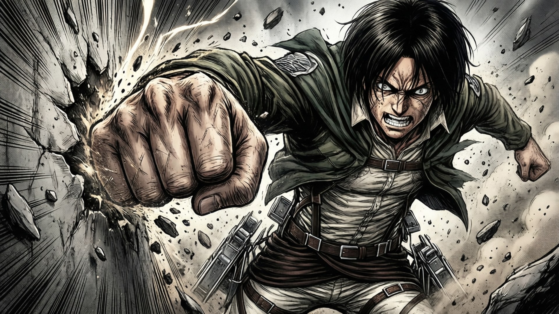 Fist of the Attack Titan 壁紙 — 身穿綠色制服的漫畫風格戰士，以強烈的表情和飛揚的碎片擊穿石頭。