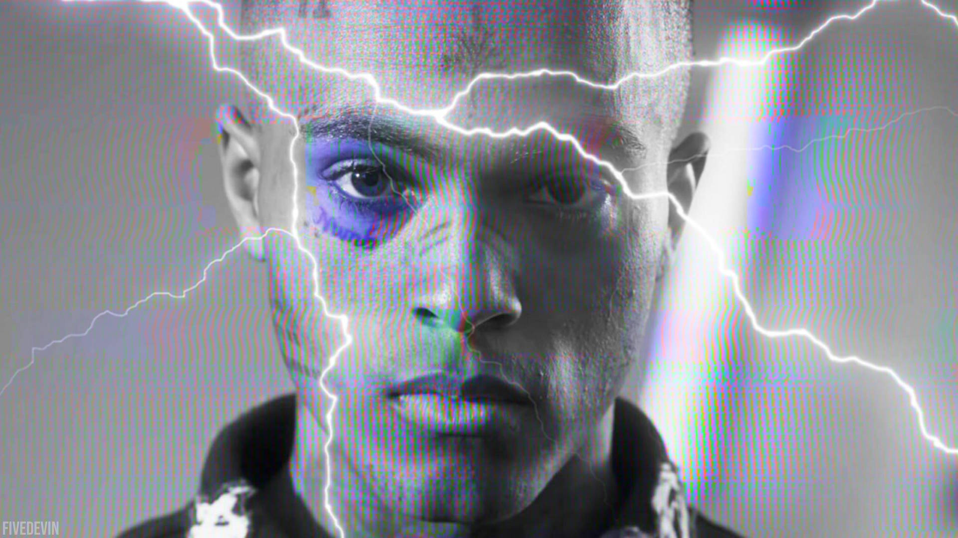 數位藝術風格中，臉上帶有閃電和故障效果的男人。 — Xxxtentacion 壁紙