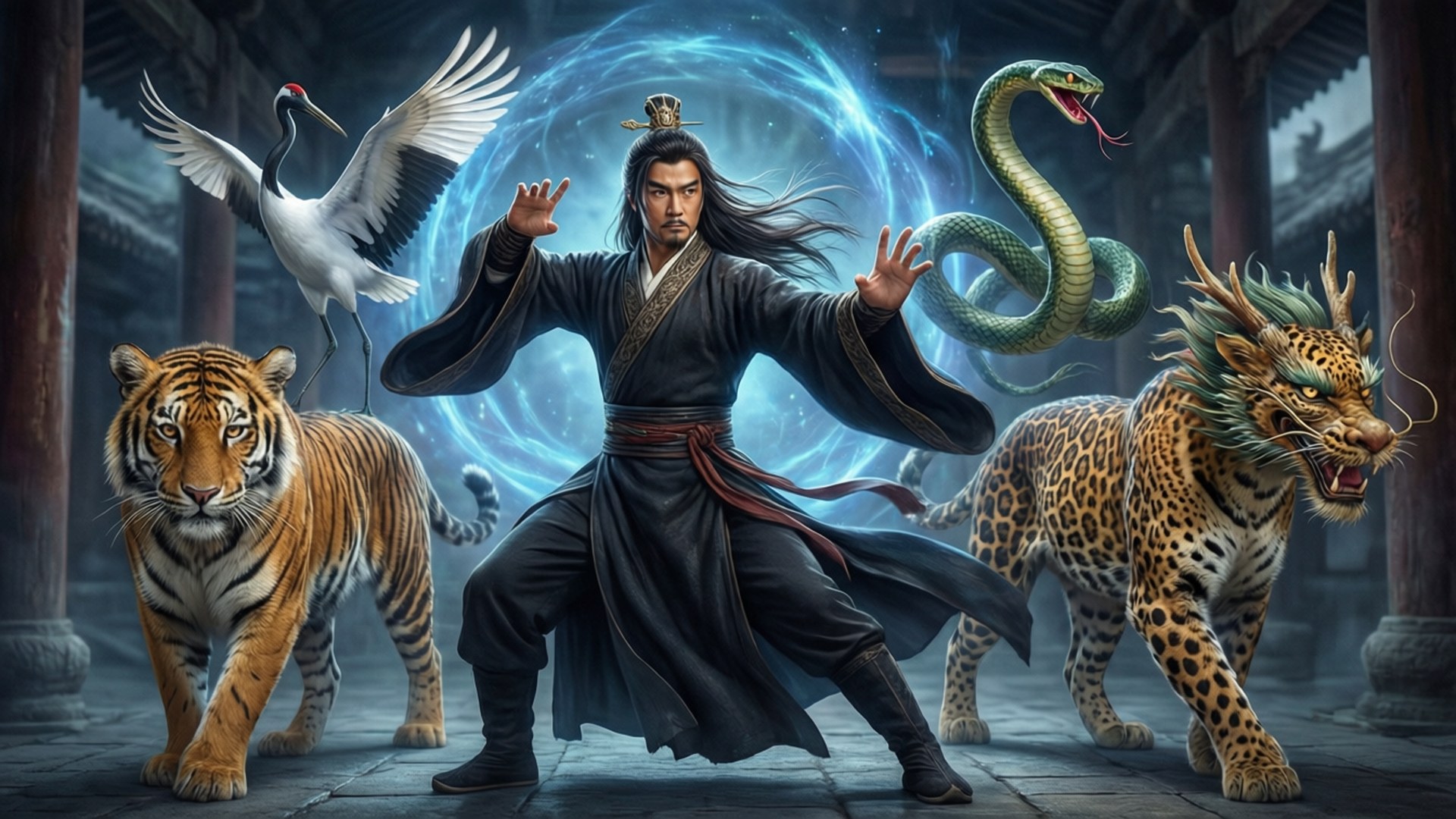 Lei's Five Animals 壁紙 — 一位身穿黑色長袍的武術家在寺廟庭院中引導藍色能量，神話中的野獸老虎、鶴、蛇和豹環繞著他。