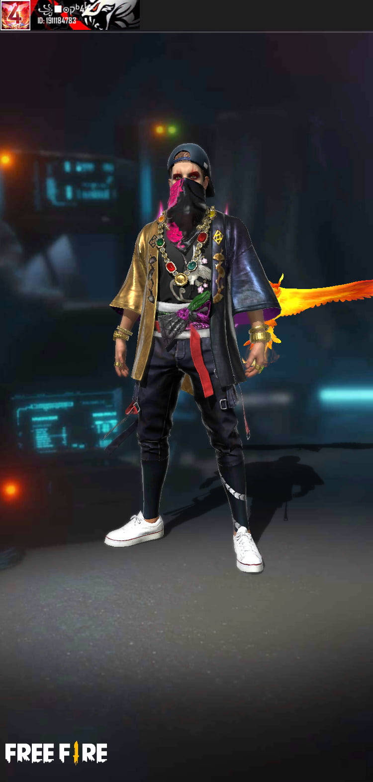 戴面具和火焰劍的遊戲角色，在黑暗的未來場景中。 — Free Fire 壁紙