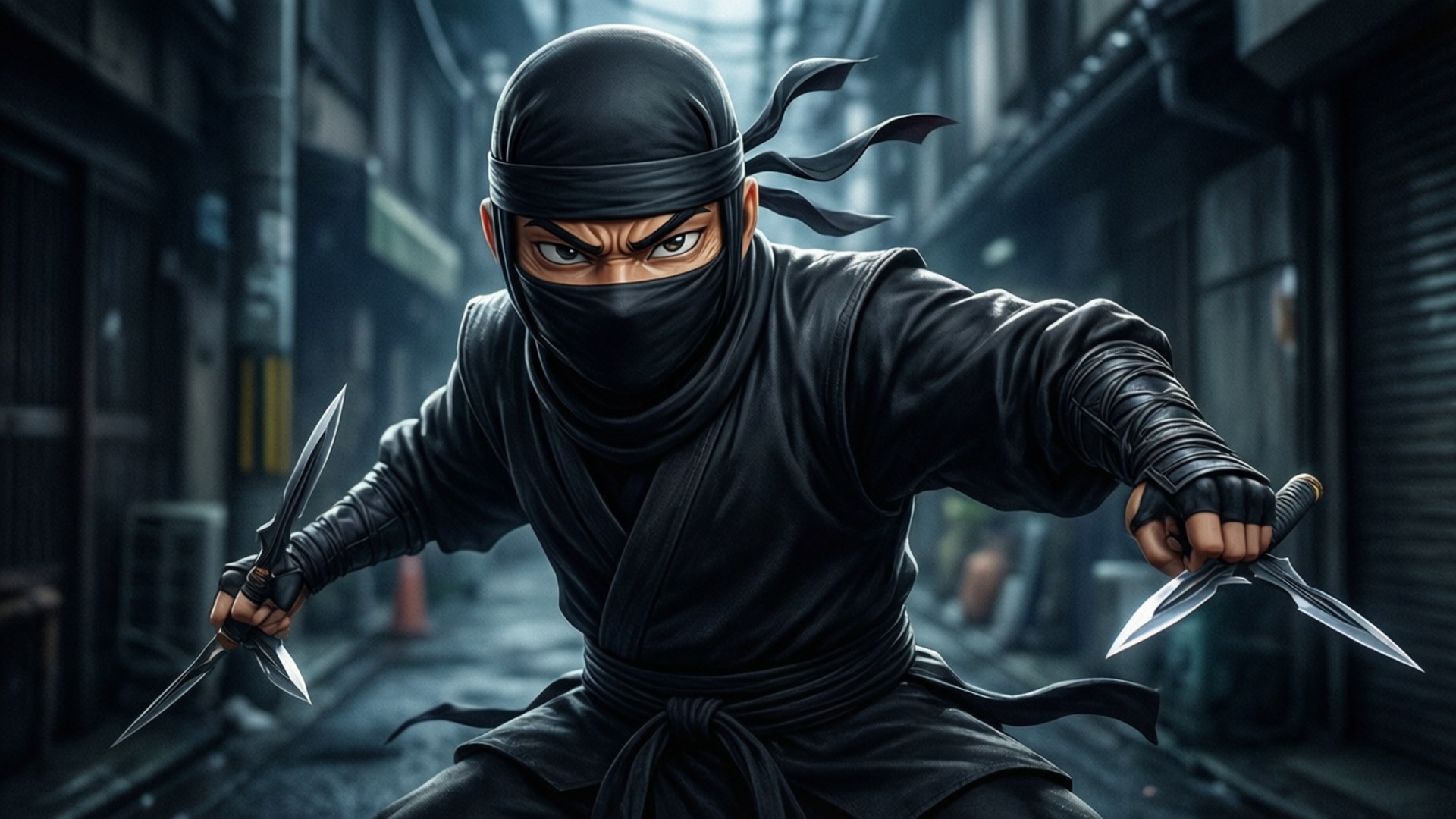 Ninja Pekkle 壁紙 — 一個戴面具的忍者，身穿黑色裝備，在昏暗的小巷中手持兩枚手裏劍向前衝刺。