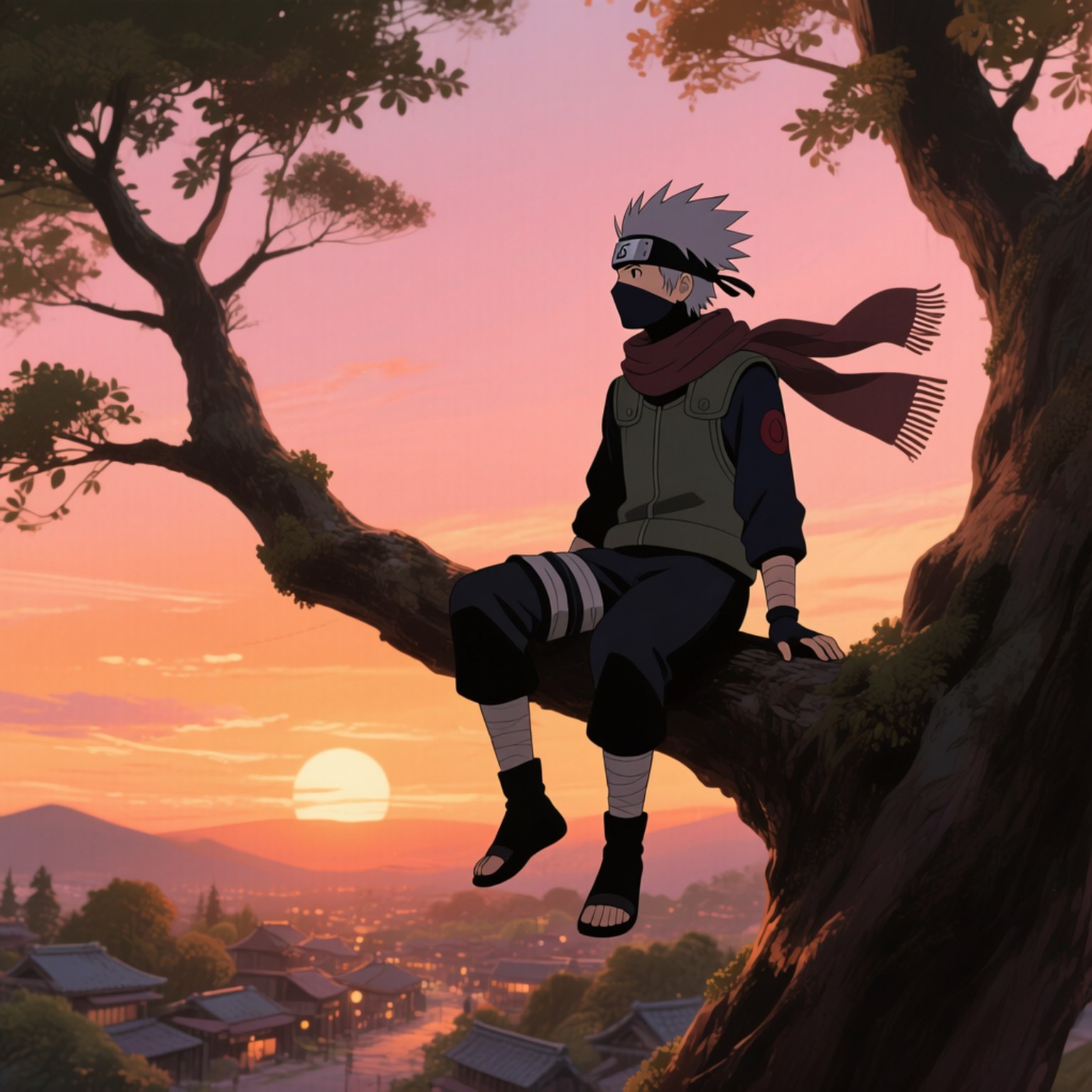 Branch at Sunset 壁紙 — 一個戴面具、白色尖刺頭髮的忍者坐在一棵多節的樹枝上，俯瞰著日落時分的村莊。