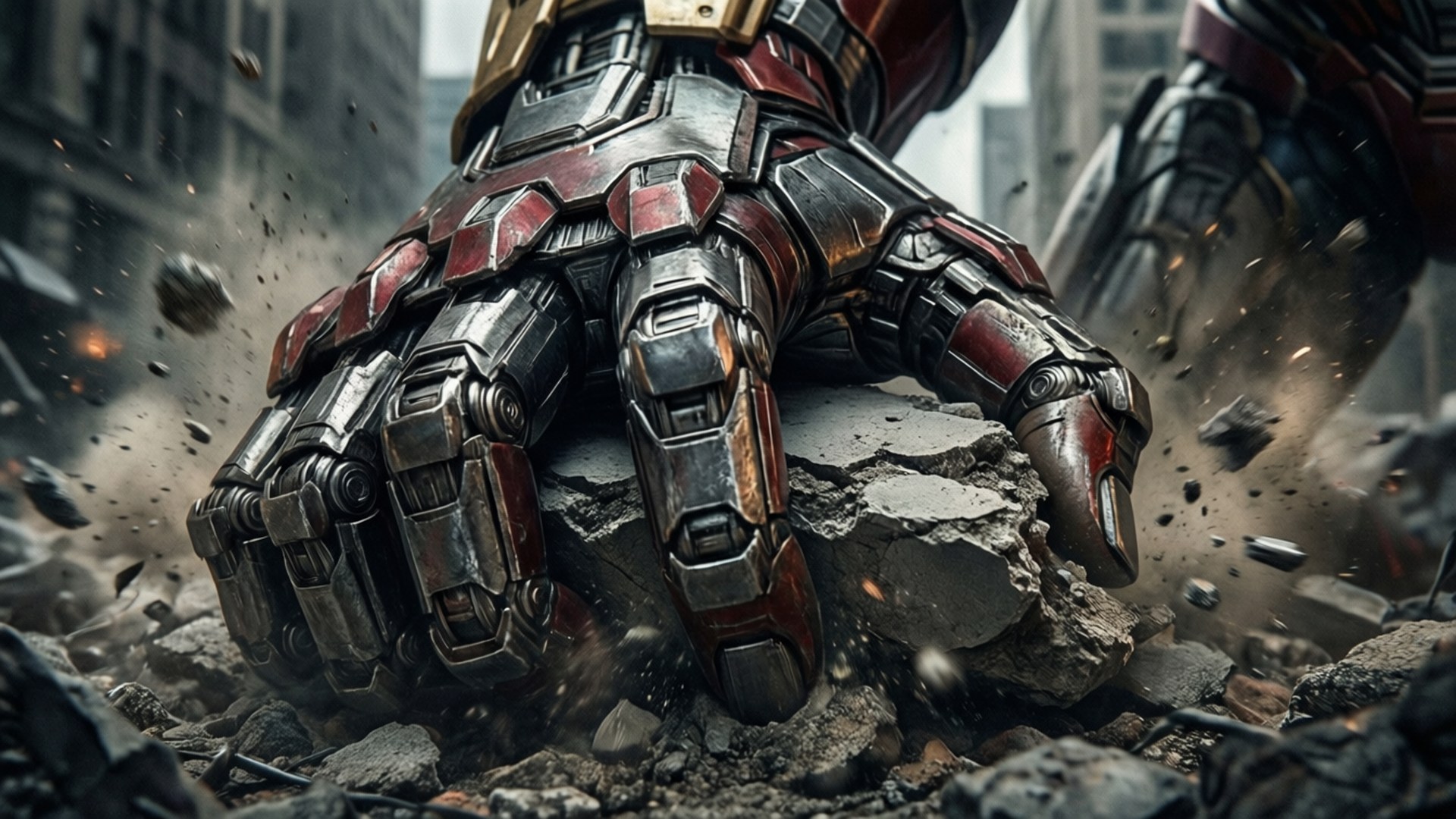 Ultron 桌布 壁紙 — 一隻巨大的裝甲手在廢墟城市景觀中壓碎混凝土，伴隨著飛揚的碎片和熾熱的火花。