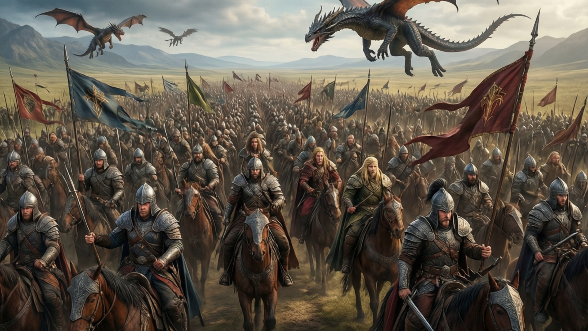 Epic Fantasy Army 壁紙 — 一支龐大的裝甲騎士騎兵部隊在陰雲密布的天空下穿越廣闊平原，巨龍在頭頂翱翔。