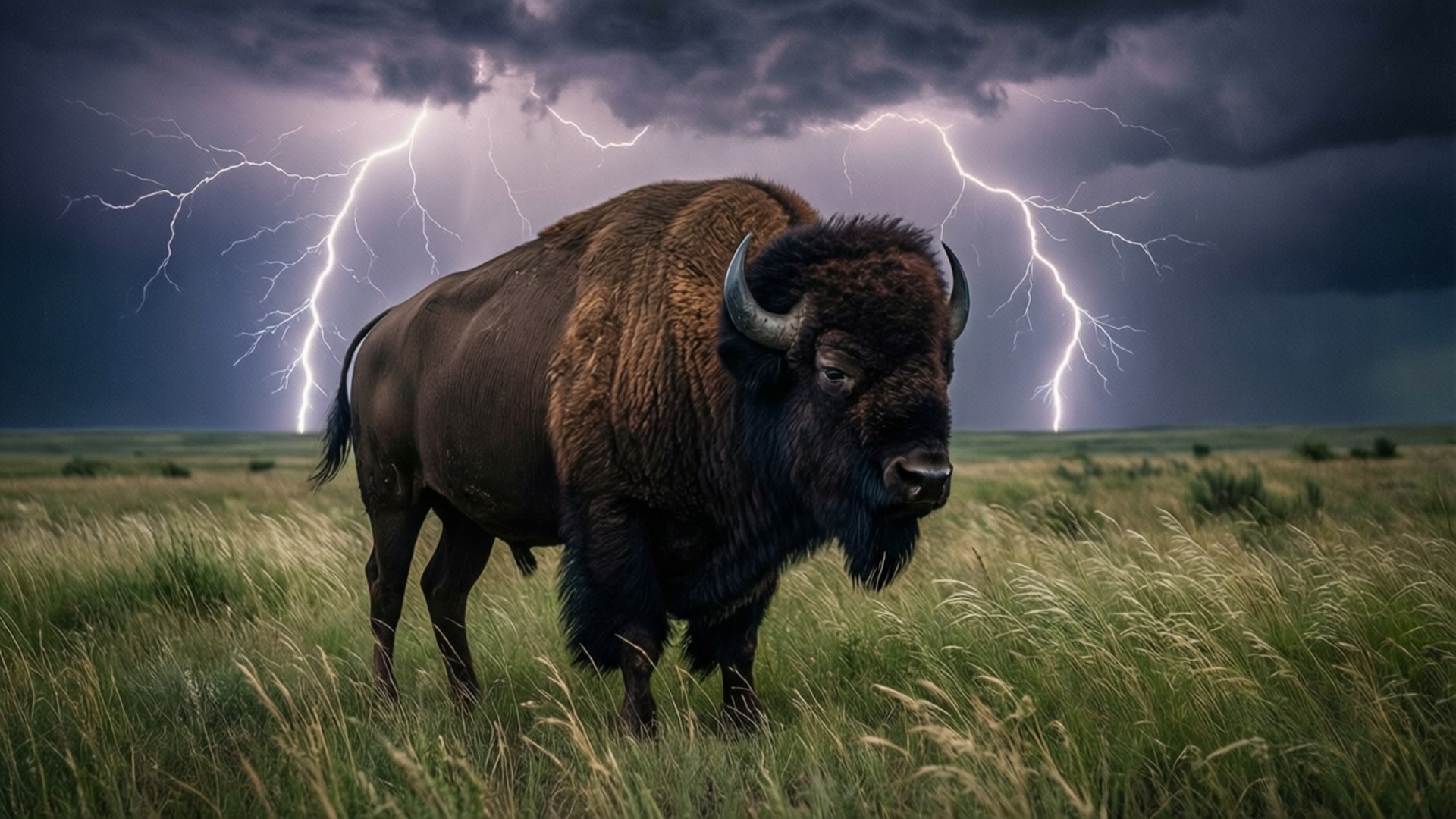 Buffalo in Thunderstorm 壁紙 — 一頭巨大的野牛站在高高的草叢中，身後暴風雨的天空中閃電交加。