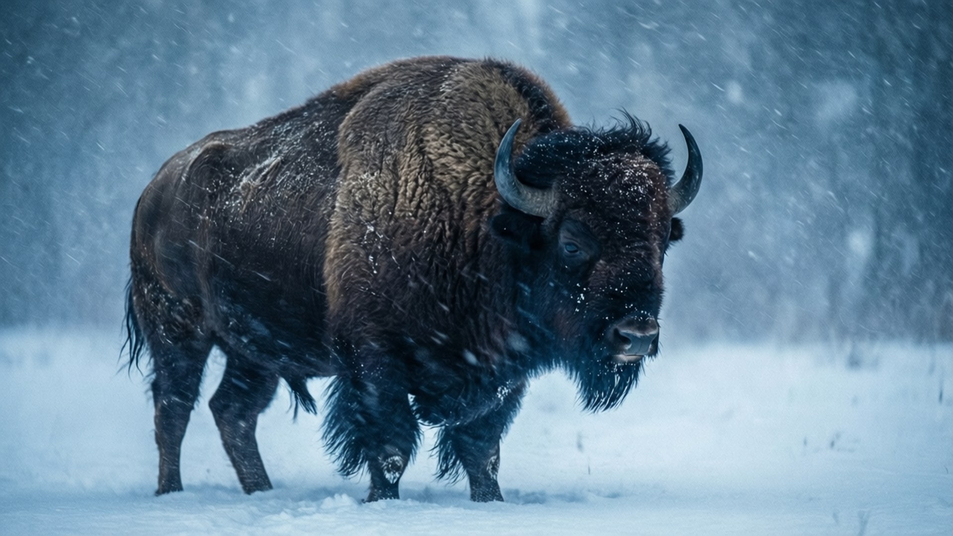 Snowstorm Buffalo 壁紙 — 一頭巨大的野牛，有著濃密的棕色皮毛和彎曲的角，站在深雪中，雪花在寒冷的暴風雪中飄落在它周圍。