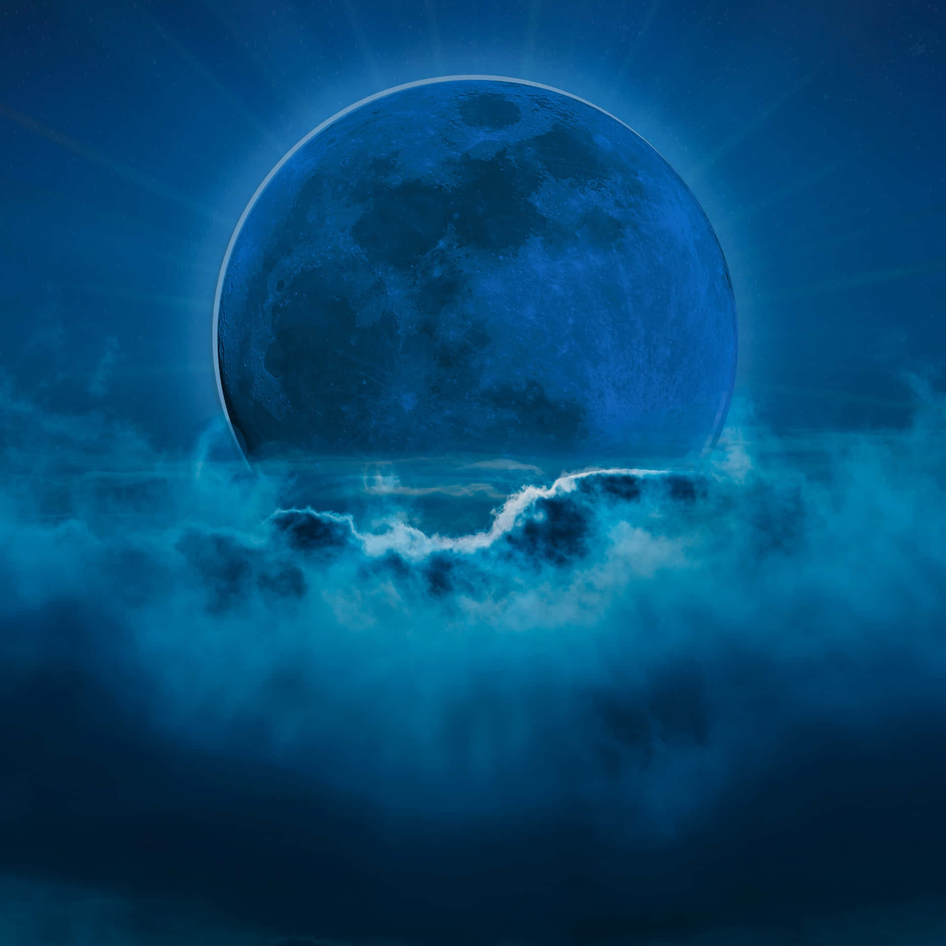  壁紙 — 一輪巨大的藍月在深藍色夜空中的旋轉雲層上方散發光芒。