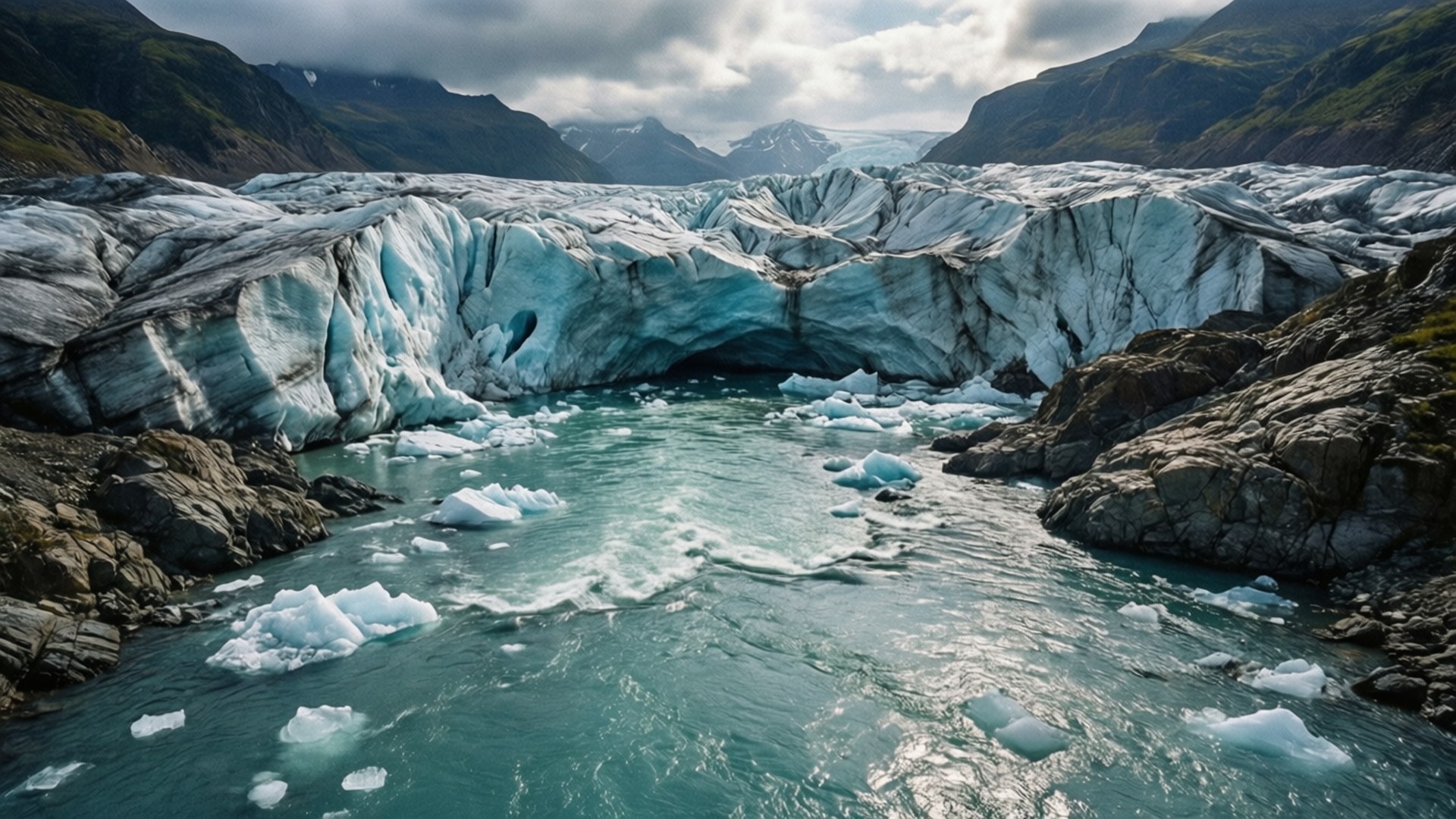 Glacial River Turquoise 壁紙 — 一座巨大的冰川，鋸齒狀的藍色冰壁崩解流入碧綠色的河流，周圍是岩石山脈，天空多雲。