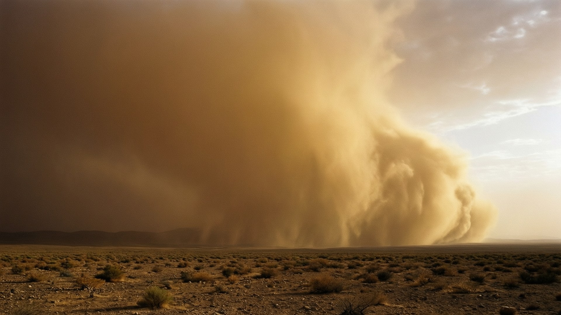 Dust Storm Horizon 壁紙 — 一場巨大的金色沙塵暴在朦朧的天空下席捲荒蕪的沙漠景觀。
