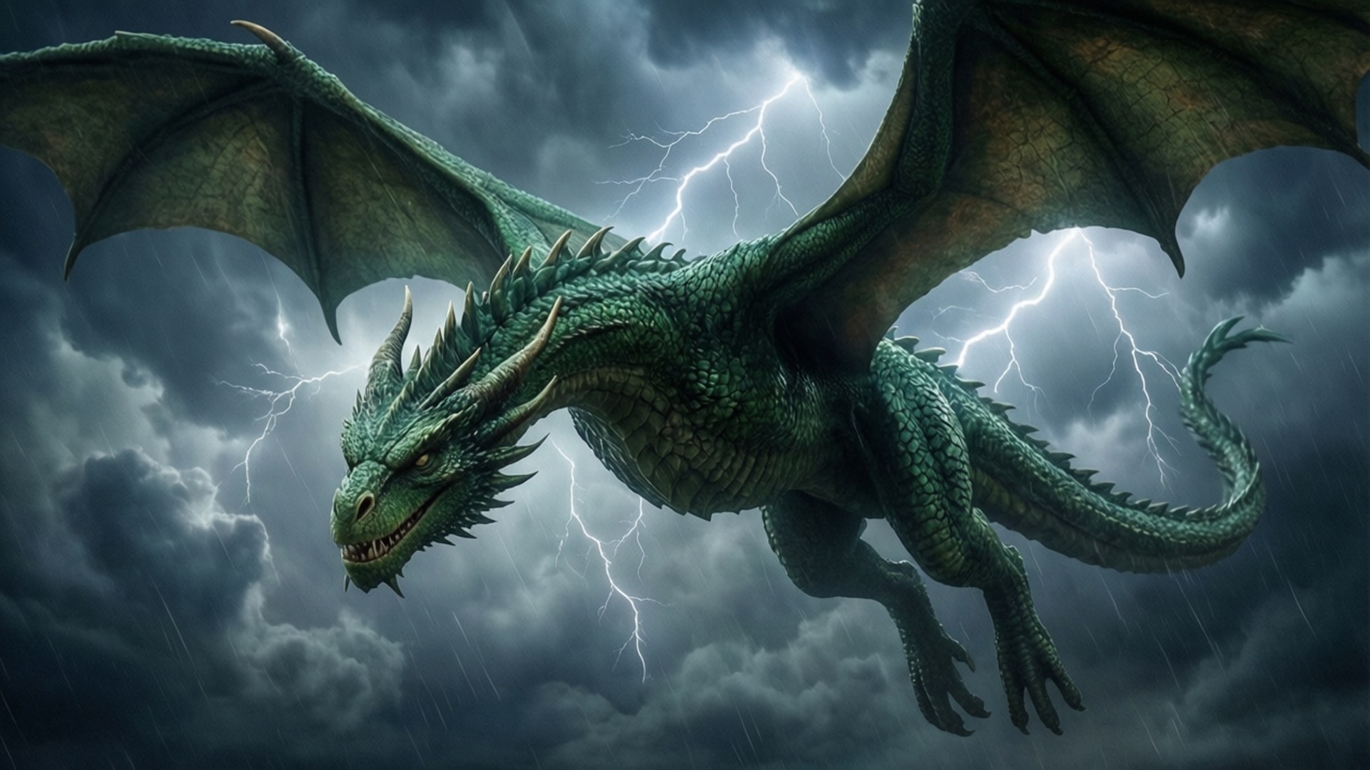 Storm Dragon Flight 壁紙 — 一隻巨大的綠色龍在暴風雨的天空中翱翔，閃電在其展開的翅膀後閃爍。