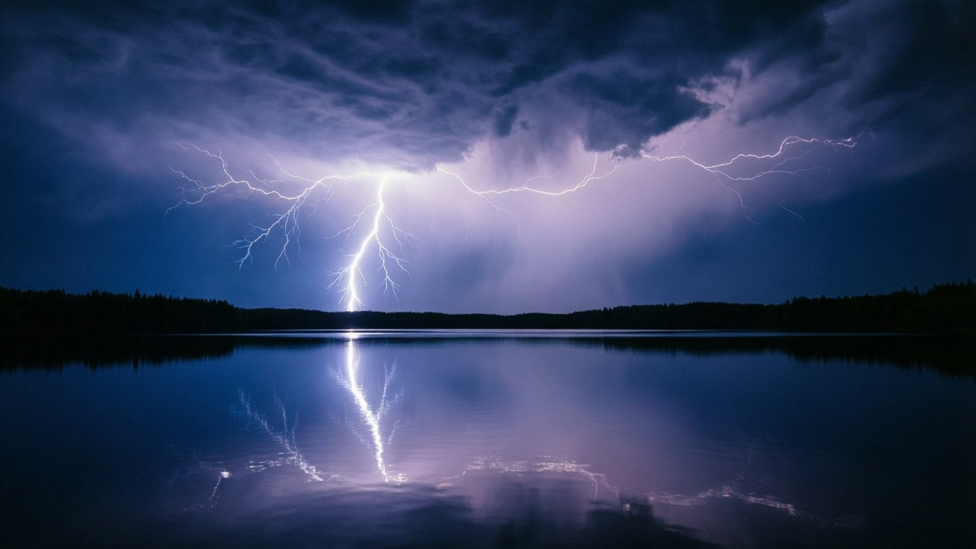Lake Lightning Reflection 壁紙 — 一道巨大的閃電劈開暴風雨中的紫色天空，完美地倒映在被黑暗樹木環繞的平靜湖面上。