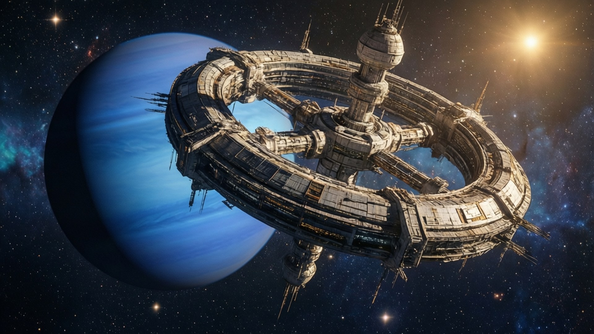 Orbital Space Station 壁紙 — 一個巨大的環形太空站圍繞著一顆充滿活力的藍色行星運行，背景是星空和發光的太陽。