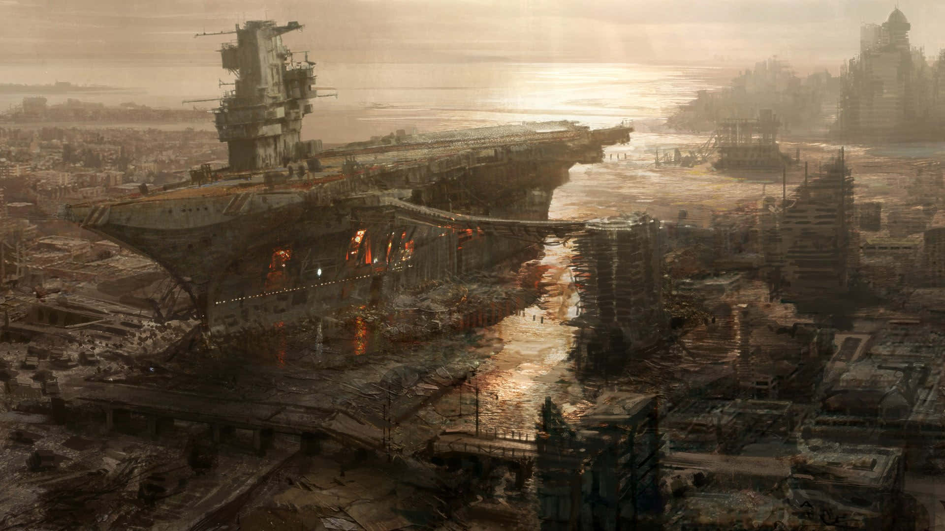 壁紙 — 一艘巨大的生鏽航空母艦在日落時主宰著廢墟的海岸城市景觀，發光的橙色火焰在水中反射。