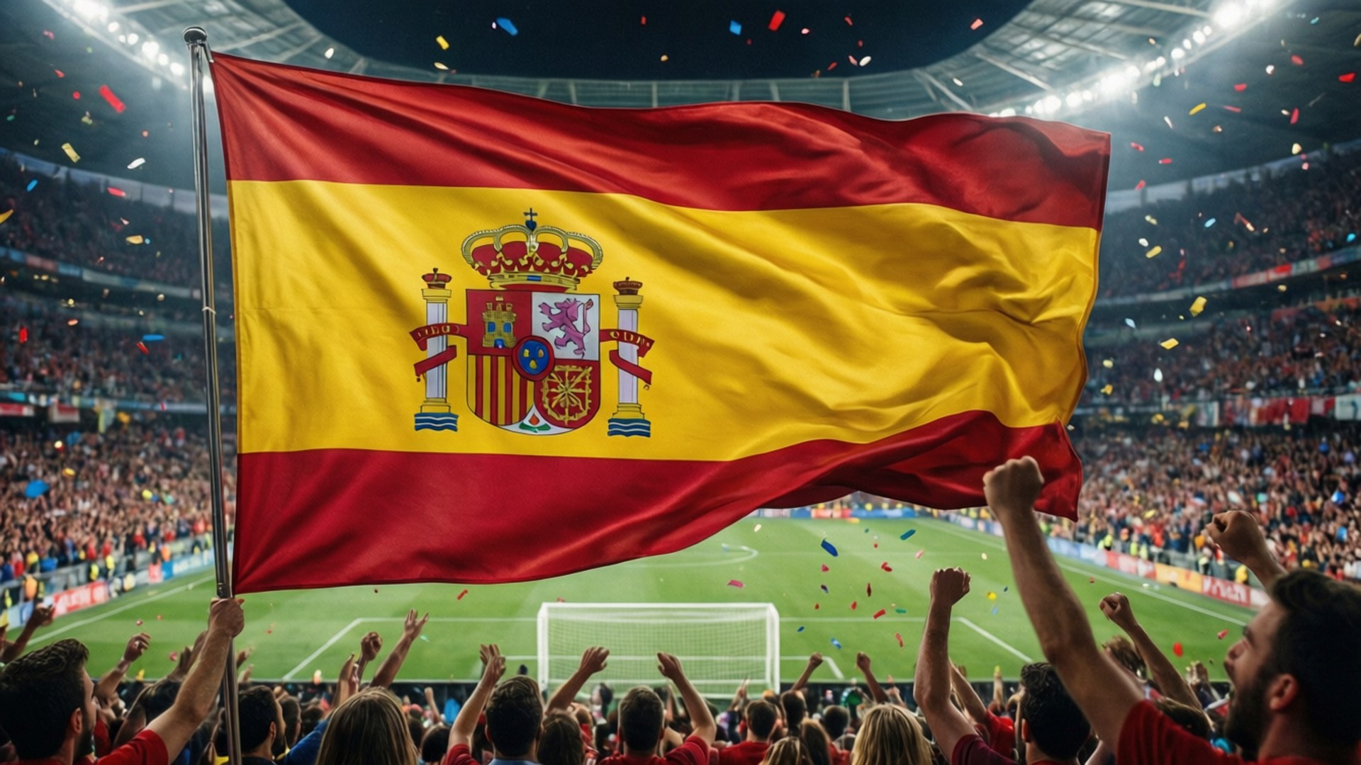 Stadium Spain Flag 壁紙 — 一面巨大的西班牙國旗在座無虛席的體育場上空勝利飄揚，球迷們在周圍飄落的五彩紙屑中慶祝。