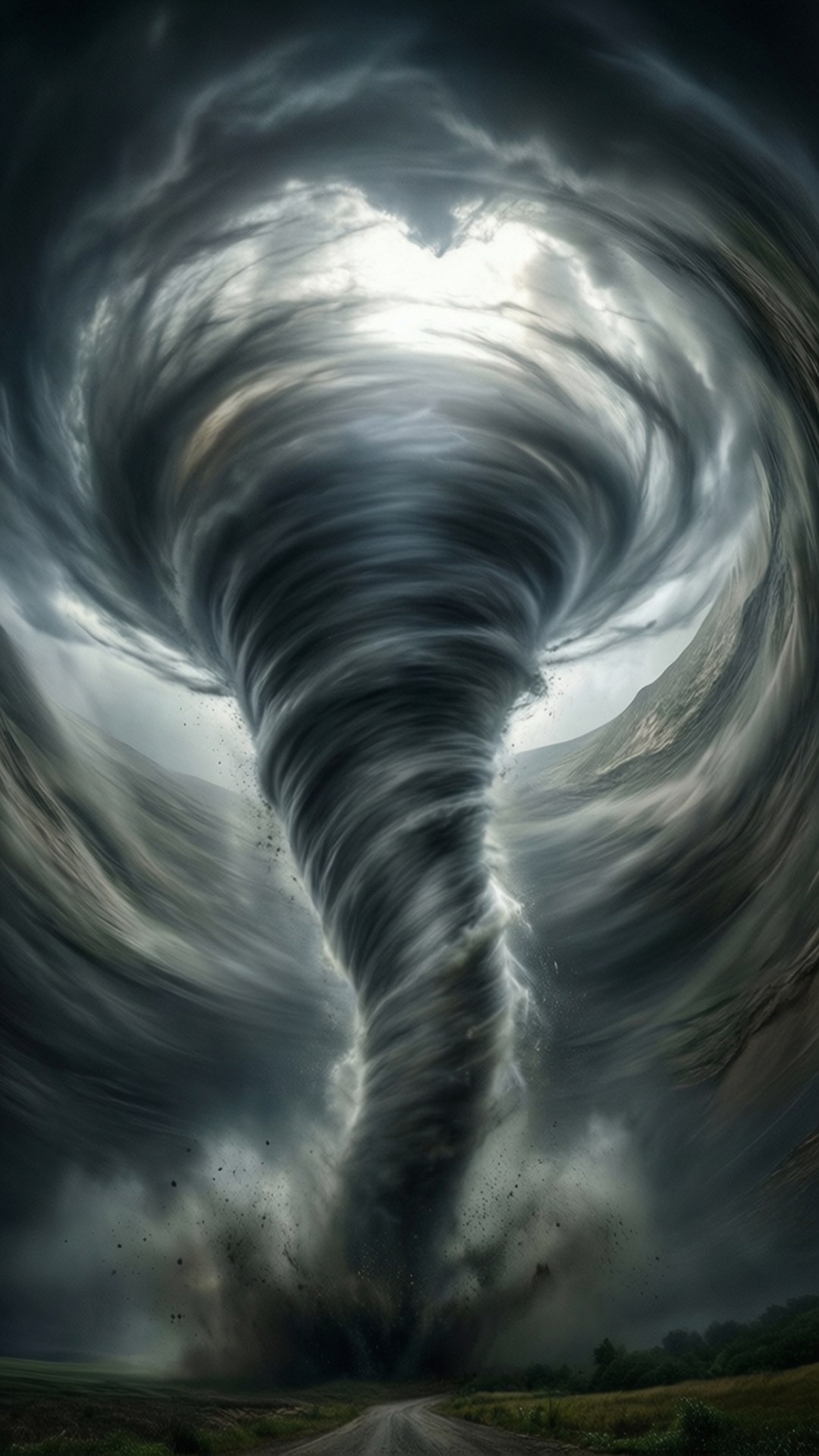 Inside the Vortex 壁紙 — 一個巨大的龍捲風，帶著旋轉的烏雲和碎片，從暴風雨的天空降臨到一條鄉村道路上。