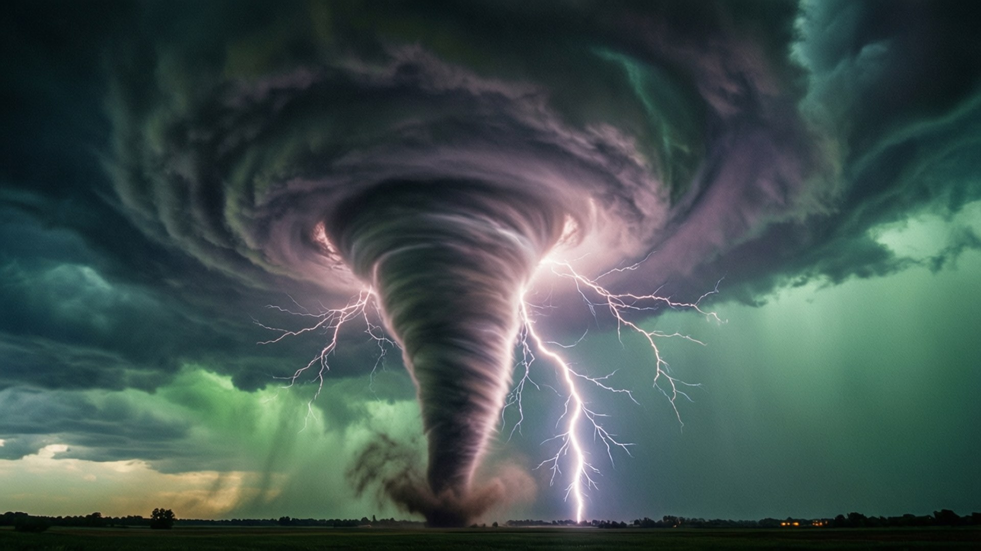 Supercell Thunderstorm 壁紙 — 一個巨大的龍捲風，伴隨著旋轉的烏雲和鋸齒狀的閃電，照亮了平坦田野上空暴風雨的綠色天空。