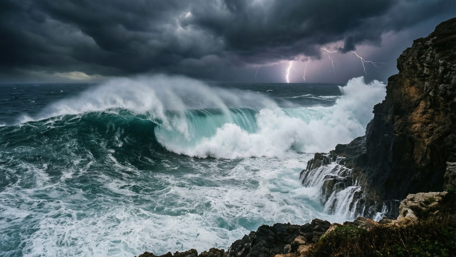 Waves on Cliff 壁紙 — 巨大的藍綠色海浪衝擊著崎嶇的懸崖，閃電劃破暴風雨的灰色天空。