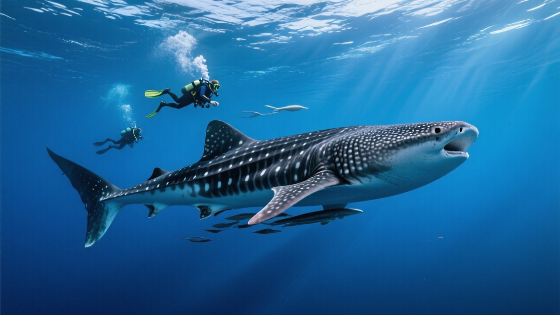 Whale Shark and Divers 壁紙 — 一條巨大的鯨鯊在清澈的藍色海水中優雅地游動，兩名水肺潛水員從下方觀察。