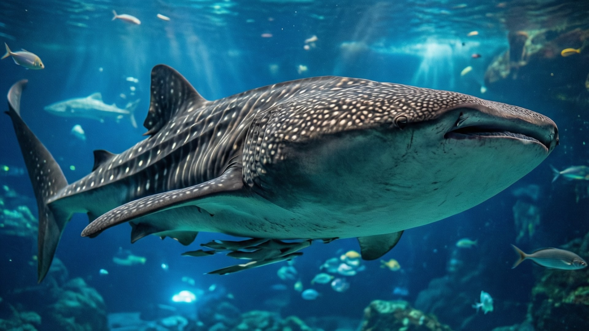 Whale Shark at Kaiyukan 壁紙 — 一條巨大的鯨鯊在陽光照射的藍色海洋中優雅地滑行，周圍環繞著較小的魚類和珊瑚結構。