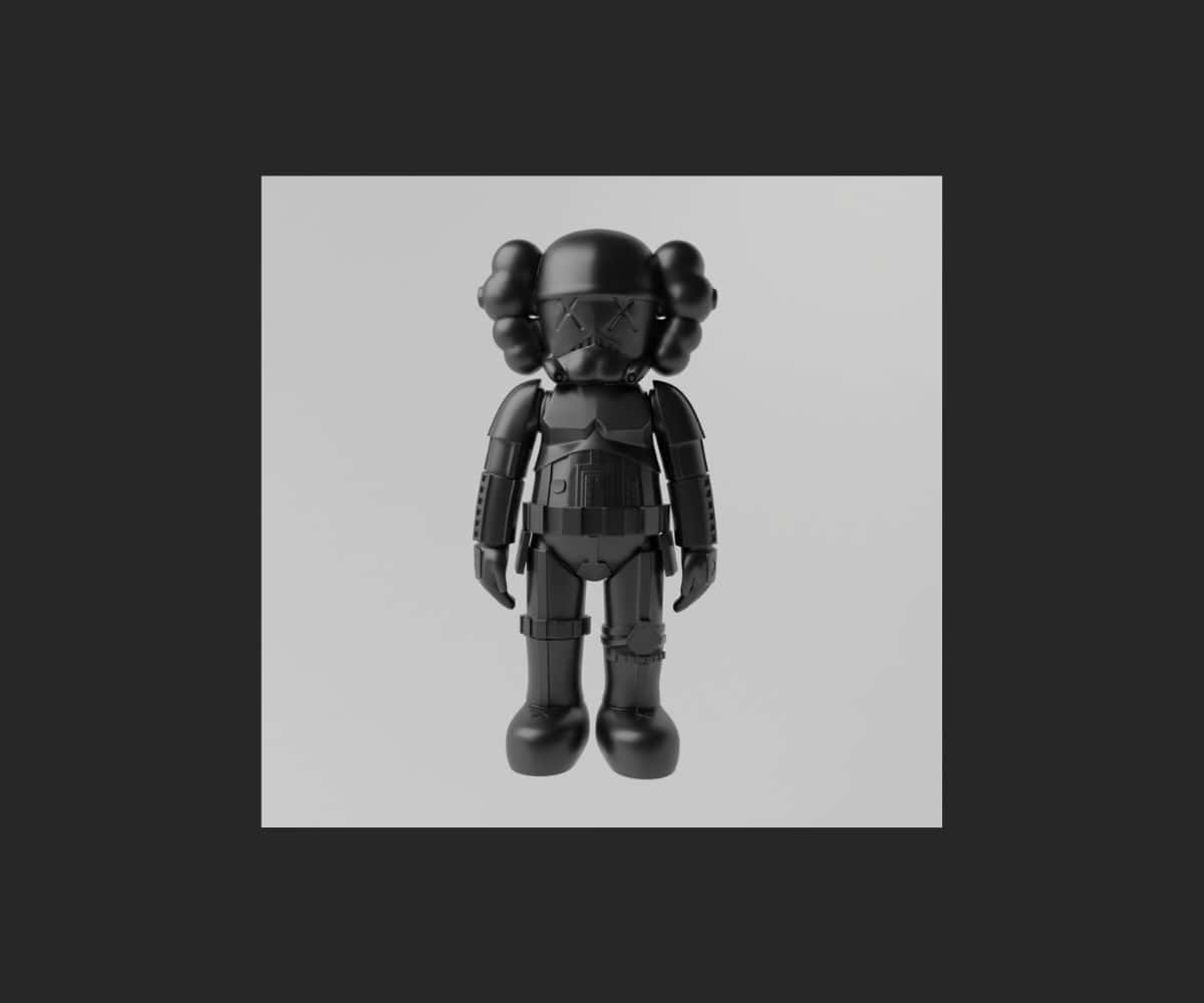 Kaws X Air Jordan 桌布 壁紙 — 一個啞光黑色的KAWS Companion公仔穿著全套盔甲，站在純淺灰色背景中央。